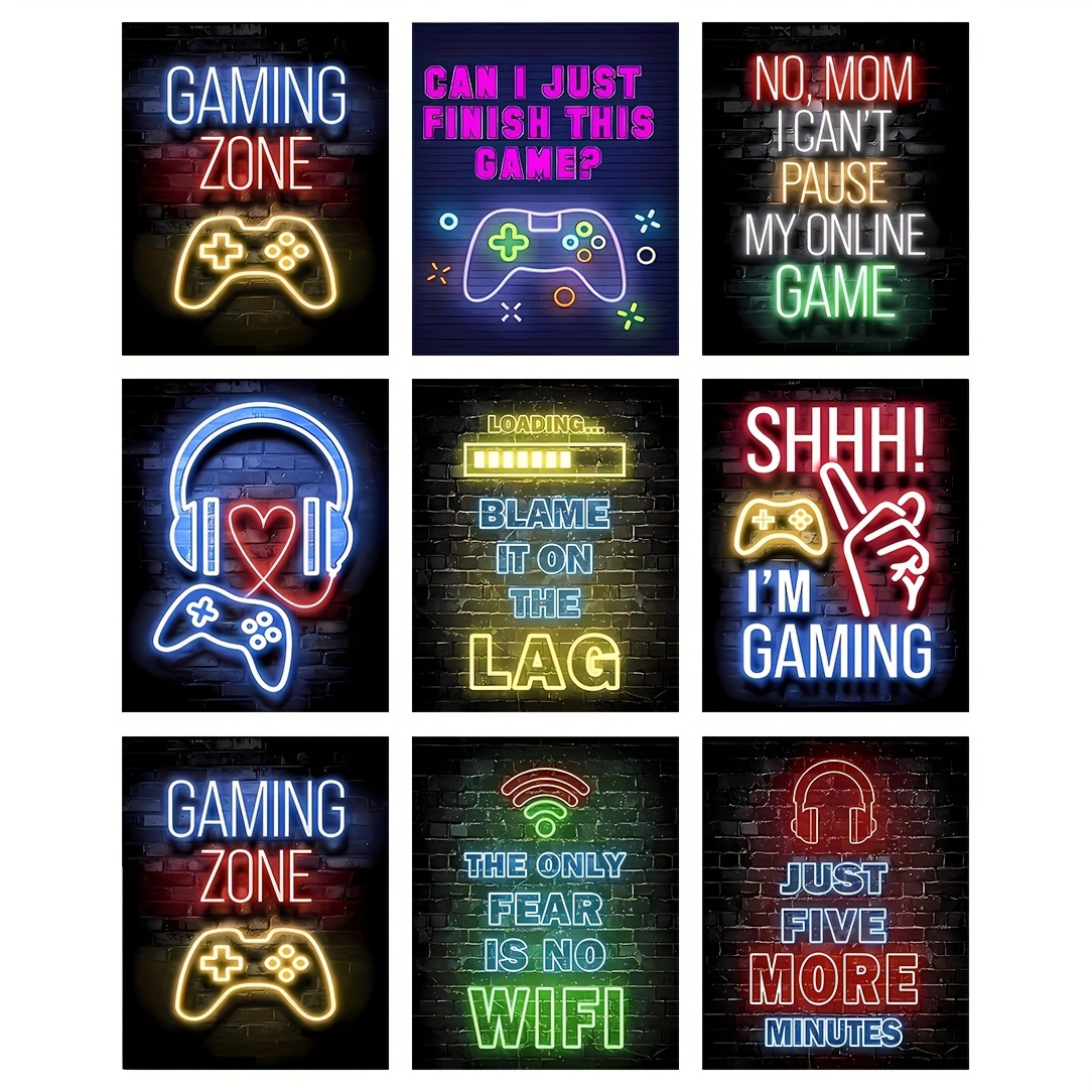 

9pcs Neon Gamer Quotes Posters Prints, Gaming Room Decor Wall Art, Modern Neon Gaming Decor For Living Room, Bedroom, Office, Bar Game Room Decor, No Frame, 8*10 Inches