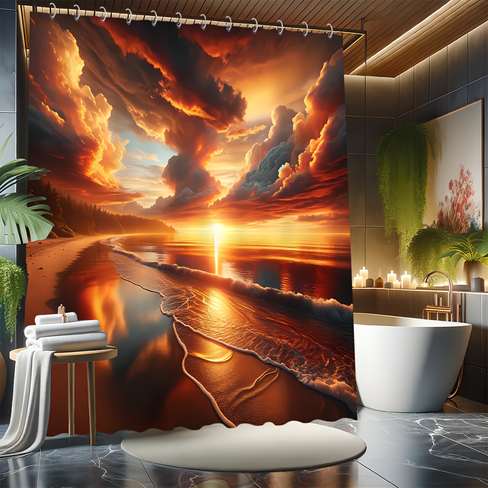 

1pc Beach Sunset Scenery Pattern Shower Curtain, Waterproof Shower Curtain With Hooks, Bathroom Partition, Bathroom Accessories, Home Decor