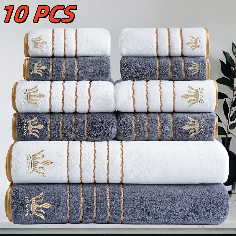 10pcs Luxury Bath Towel Set with Golden Crown & Stripe Design - Extra Large 70x140cm/27.5x55in, Large 42x70cm/16.5x27.5in, Small 35x35cm/13.7in - Plush Microfiber Spa Towels in Elegant Dark Brown & Golden for Bathroom, Gym, Hotel, Spa - Ideal Gift Set with Black & Golden Trim, Ultra-Soft & Durable, Perfect for Home or Travel, Includes Bath, Hand, and Face Towels, Towels Bath Towels, Bathroom Towels