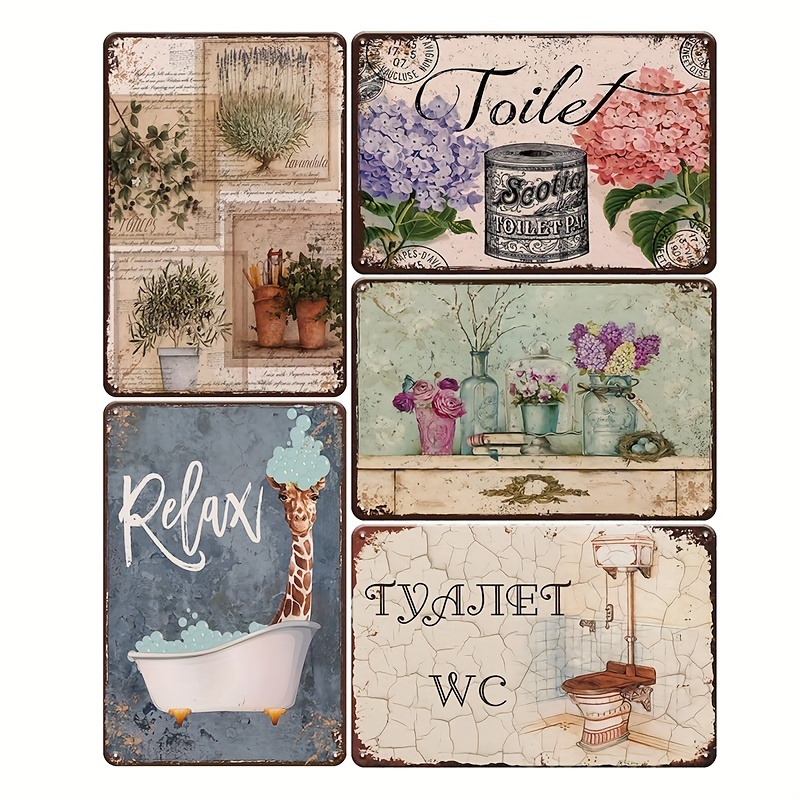 

5-piece Set, Toilet Wall Art, 8x12inch (20x30cm) Metal Tin Signs, Retro Flower Prints, Home & Bathroom Decor, Artistic Room Accents