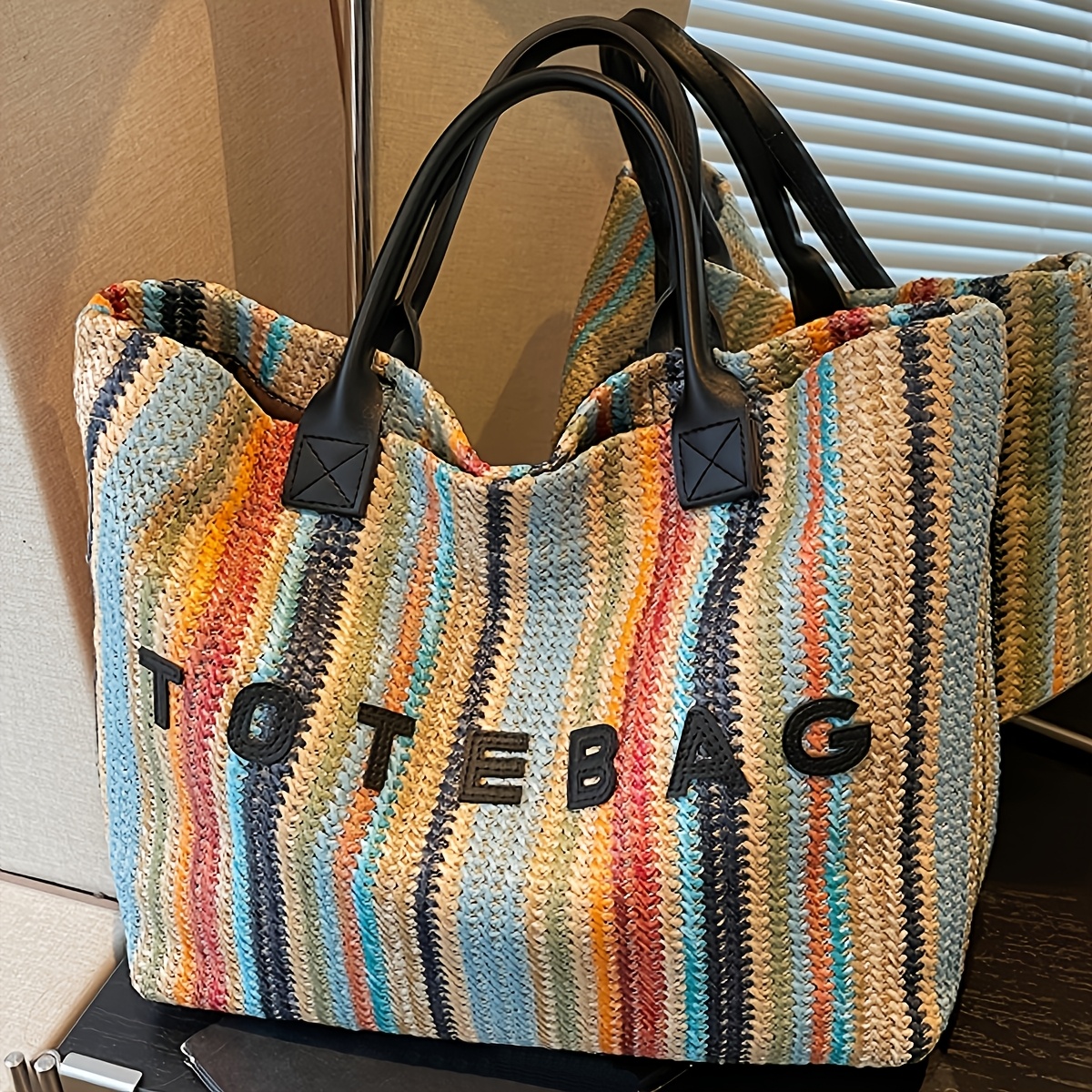 TEMU Fashionable Random Colored Straw Striped Large-capacity Women's Tote Bag, Versatile And Portable Women's Shoulder Bag, Essential Beach Bag For
