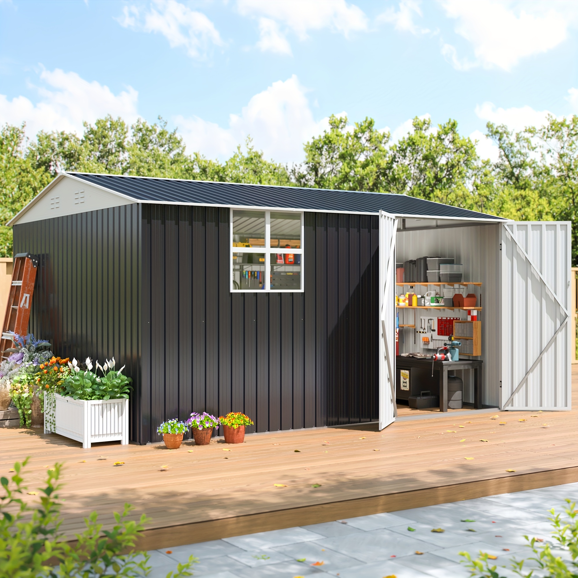 TEMU 10x12 Ft Outdoor Storage Shed, Garden Metal Shed With Window, Lockable Doors And Air Vent For Backyard, Garden, Lawn