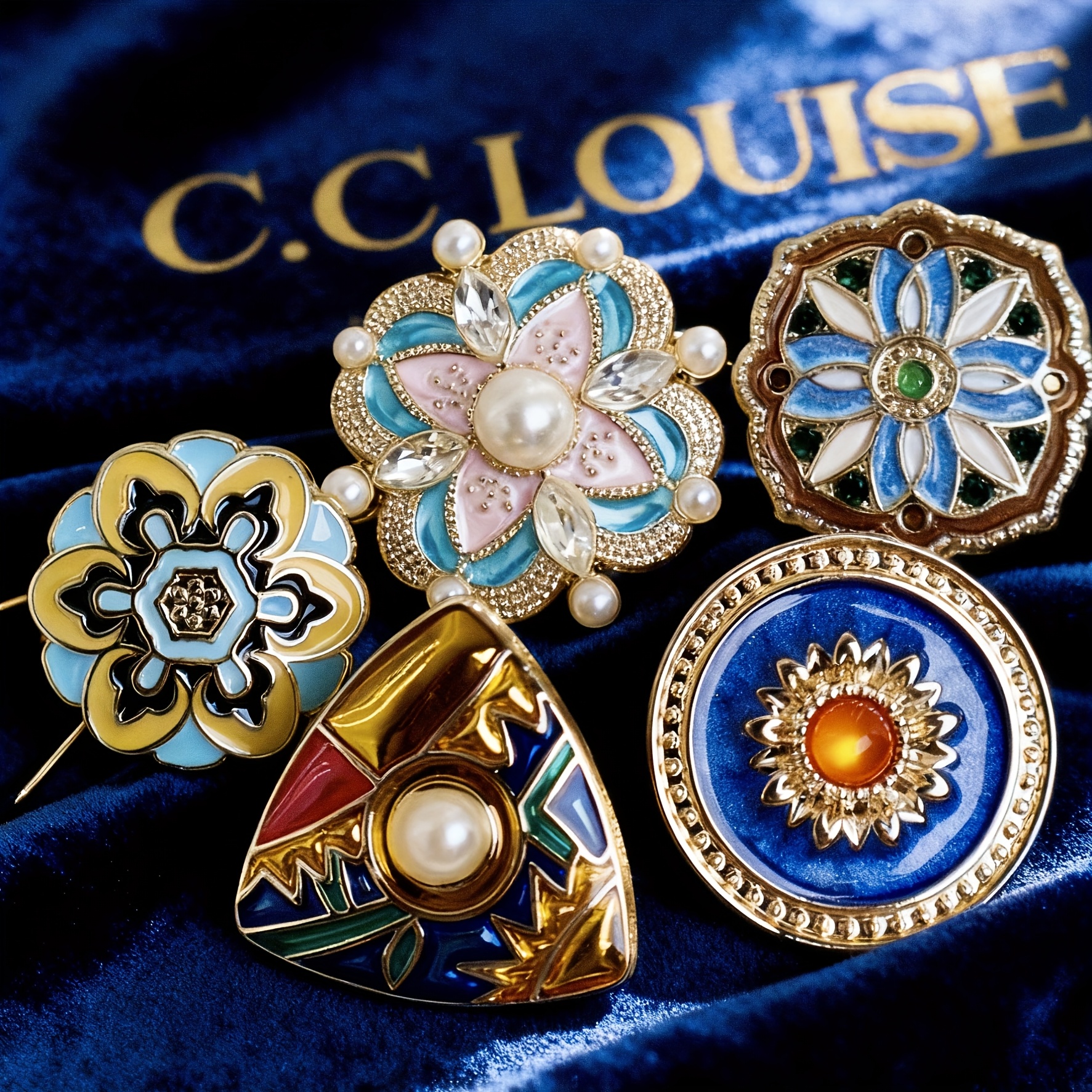 E-shop 5 Vintage Totem Muster Dekorative Metallknöpfe | Dreieckige Farbige Tropfen-, Persischer Stil Klassischer Sonnenblume, Blaue Tropfen- und