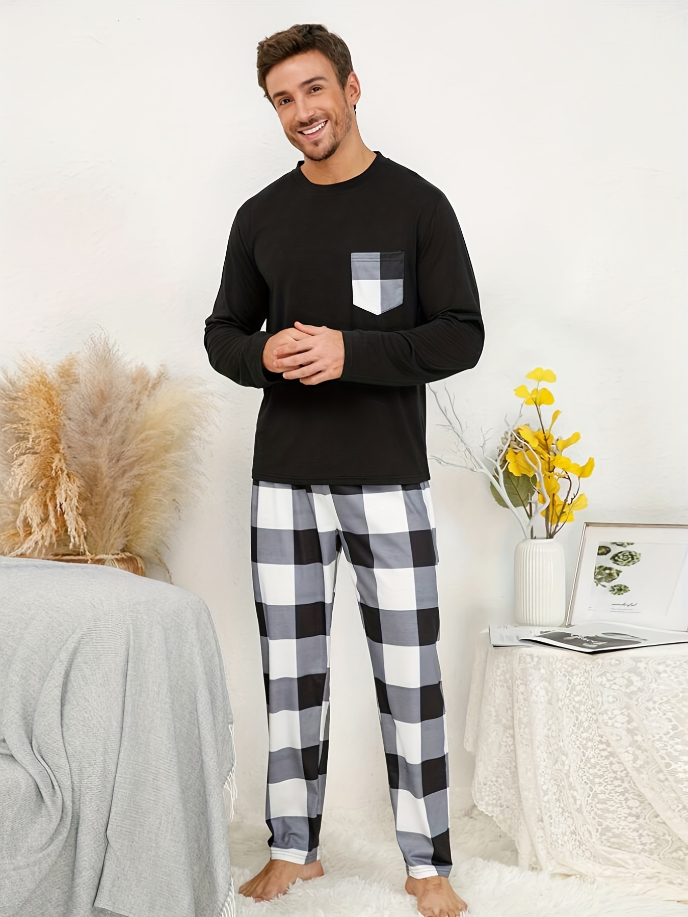 pcs ensemble pyjama homme à carreaux poche col Temu Morocco