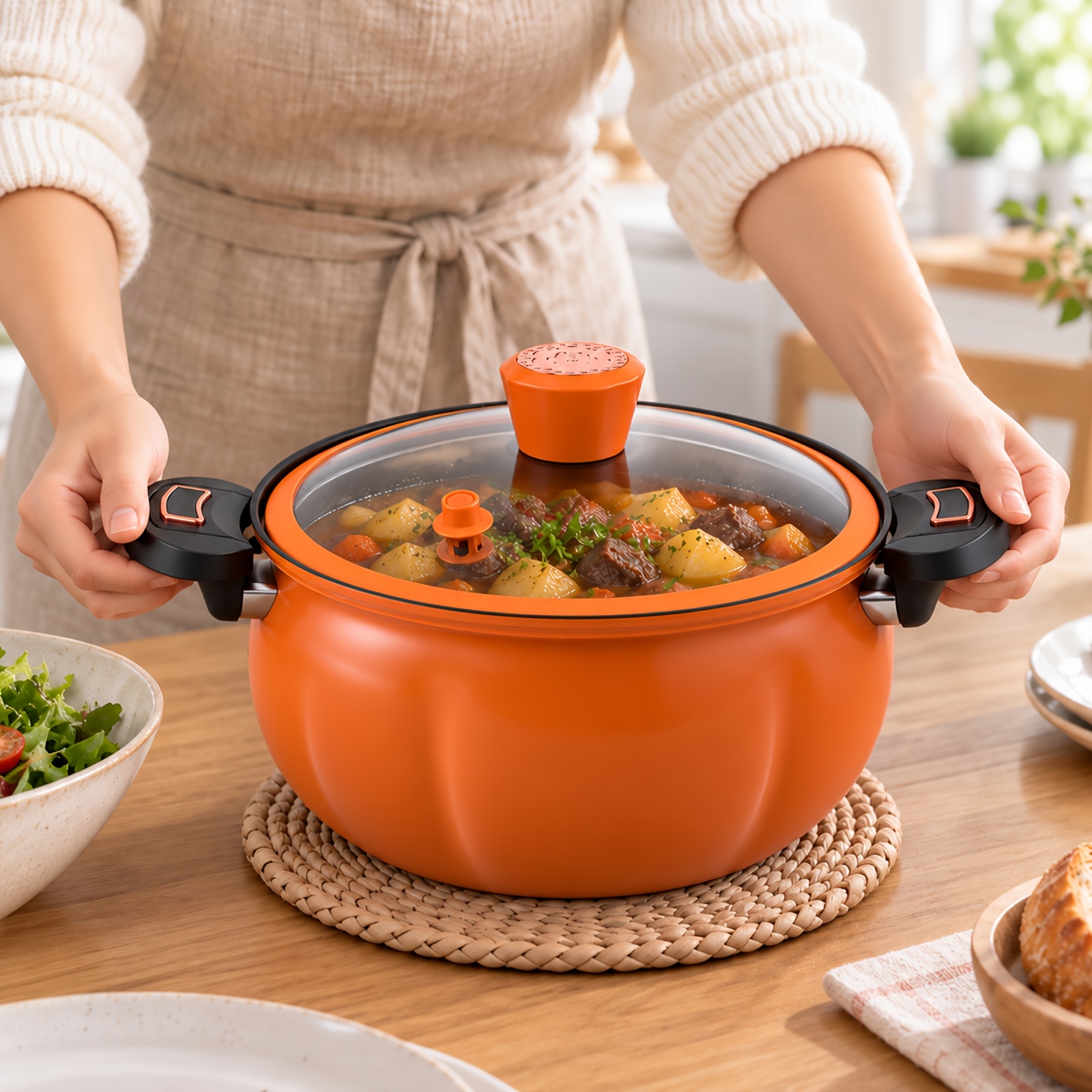 TEMU Pumpkin Cooking Pot, Stew Pot With Pumpkin-shaped Design, Side Handle & Clear Glass Lid, 7l Deep-pot Capacity, Soup Pot For Halloween Parties,