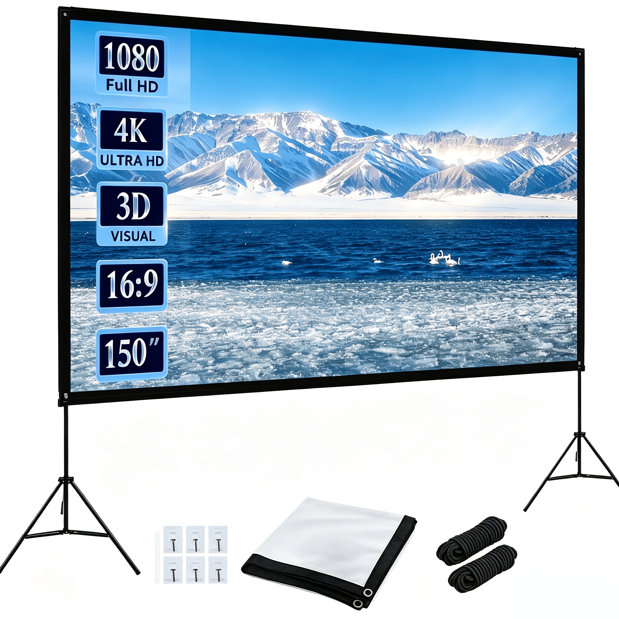 TEMU di portatile 3D Ultra HD 4K da 150 pollici, pieghevole per uso esterno/, set da 9 pezzi (che di , 2 corde per appendere e 6 ganci), compatibile