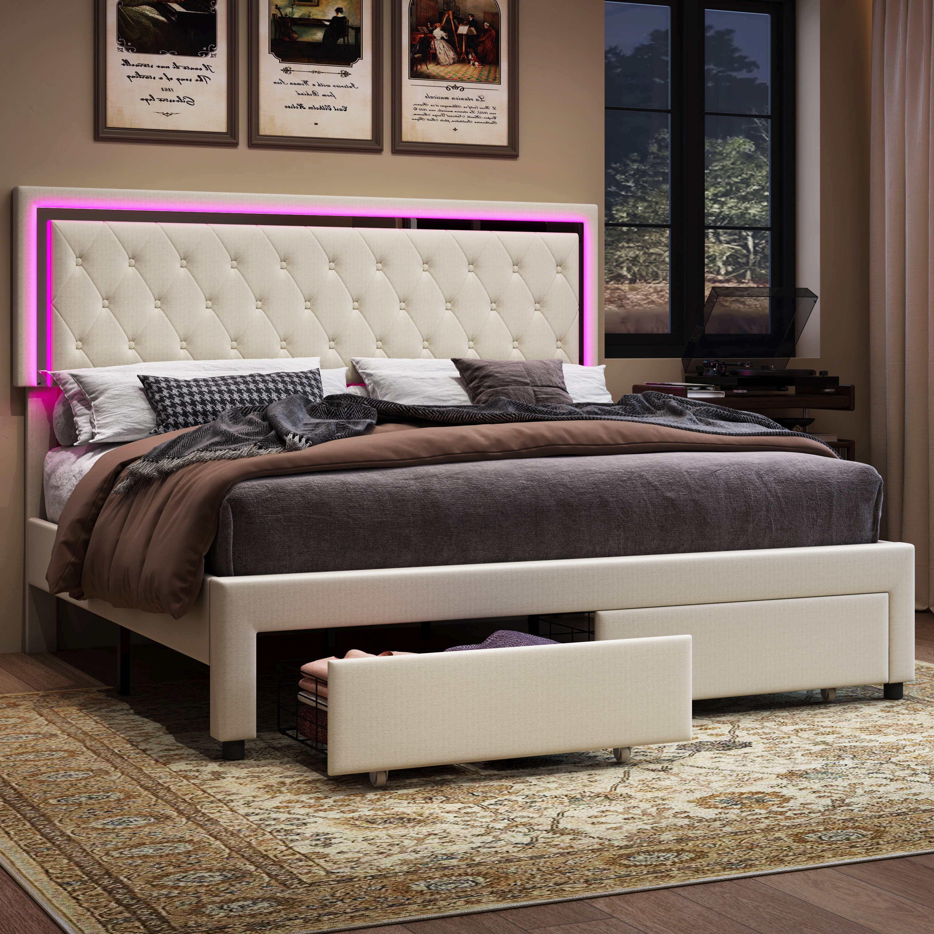 TEMU Papajet Velvet Upholstered Led Platform Bed Frame With 2 Storage Drawers