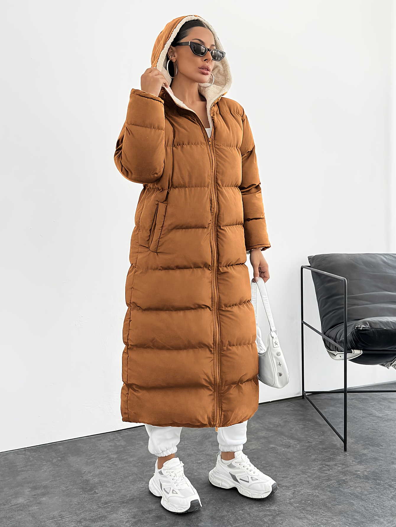 womens elegant long puffer coat black windproof hooded Temu Germany