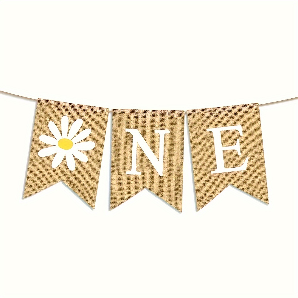 Image of 1pc Birthday Burlap Dasiy Banner - Rustic Theme Happy Birthday Decoration For Boy Or Girl 1st Birthday Party Supplies