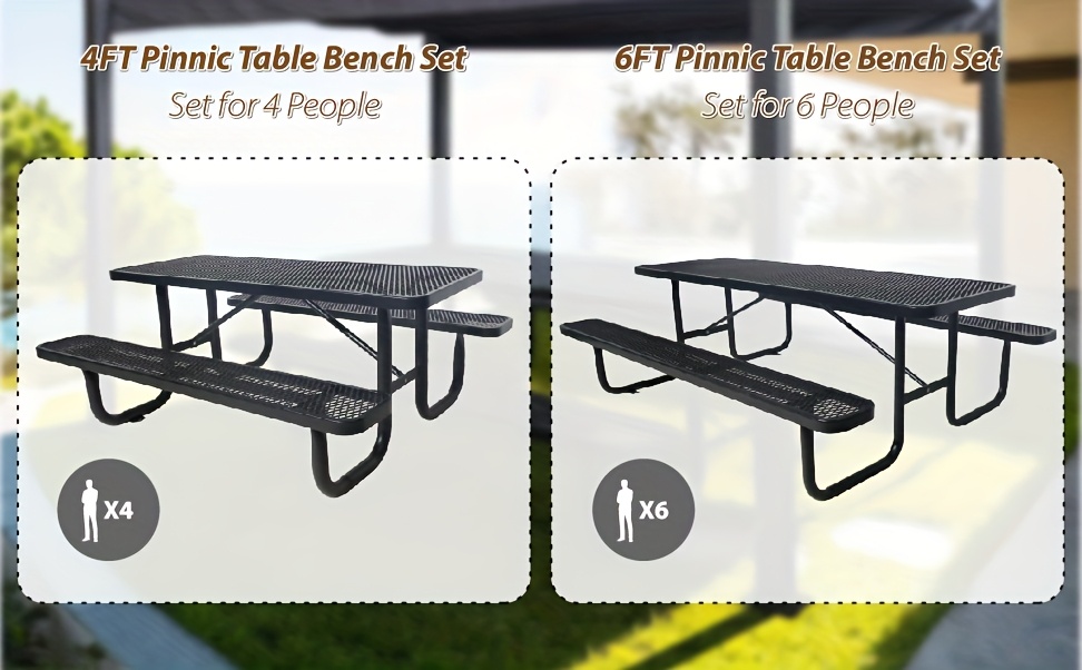 4/6FT Heavy-Duty Metal Picnic Tables For Outdoor, Rectangular Commercial 4-6-Person Picnic Tables With Bench, Expanded Picnic Table And Bench Set, Outside Furniture Set For Yard, Outside, Garden, Backyard, Porch, Patio, Lawn, Black, Weather Resistant