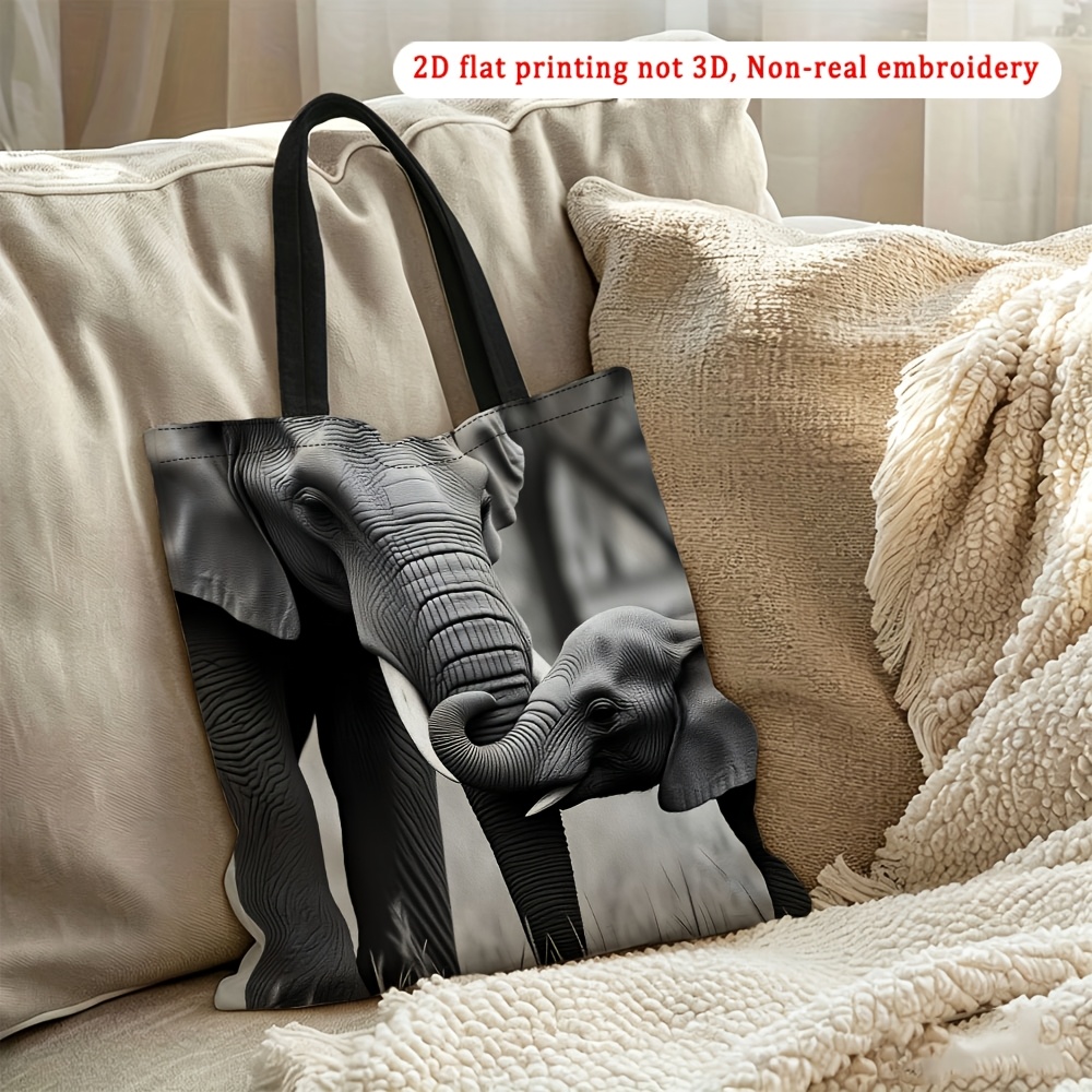 TEMU Women's Hemp Tote Bag With Elephant Print - Multifunctional Suitable For Travel, Parties & Gifts, Machine Washable Shoulder Bag Suitable For