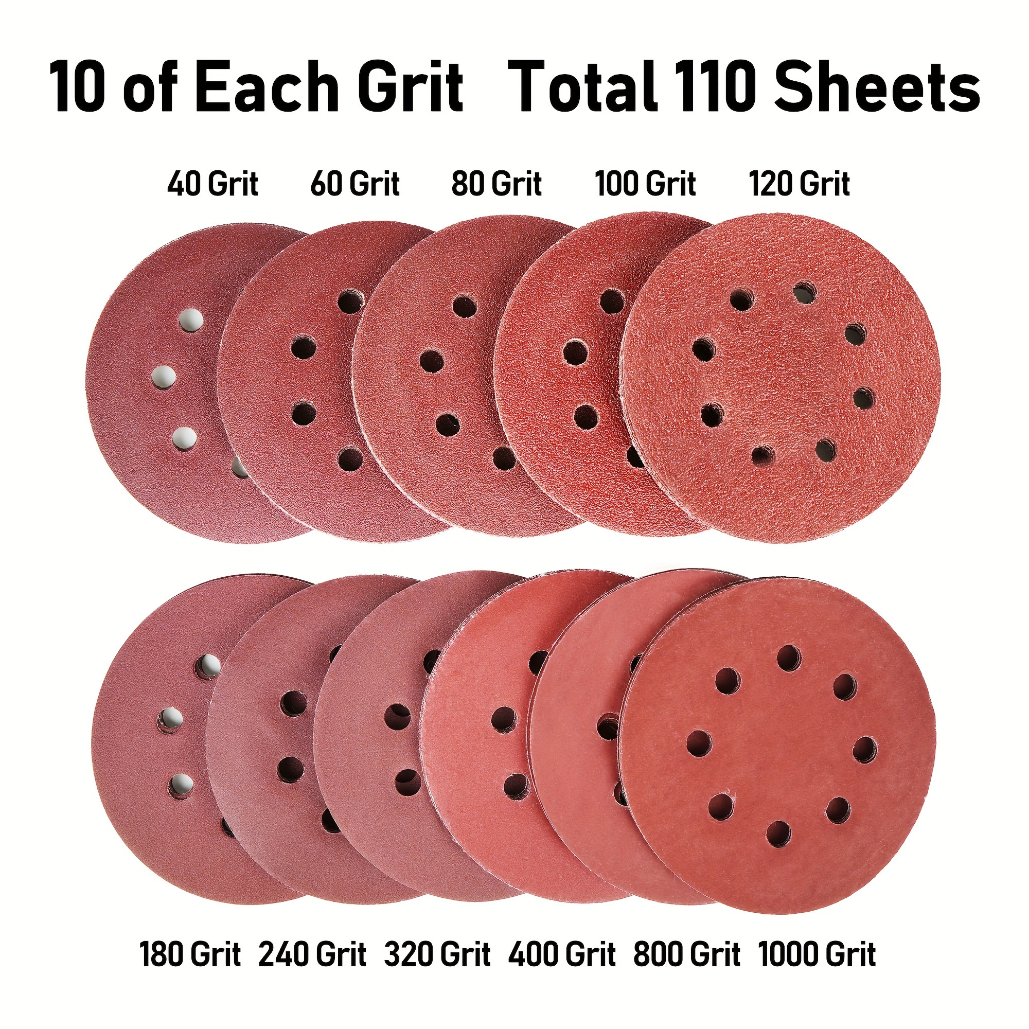 

Lotfancy 110pcs 5in 8 Hole Sanding Discs Sandpaper 40/60/80//120/180/240/320/400/800/1000 Assortment Grit