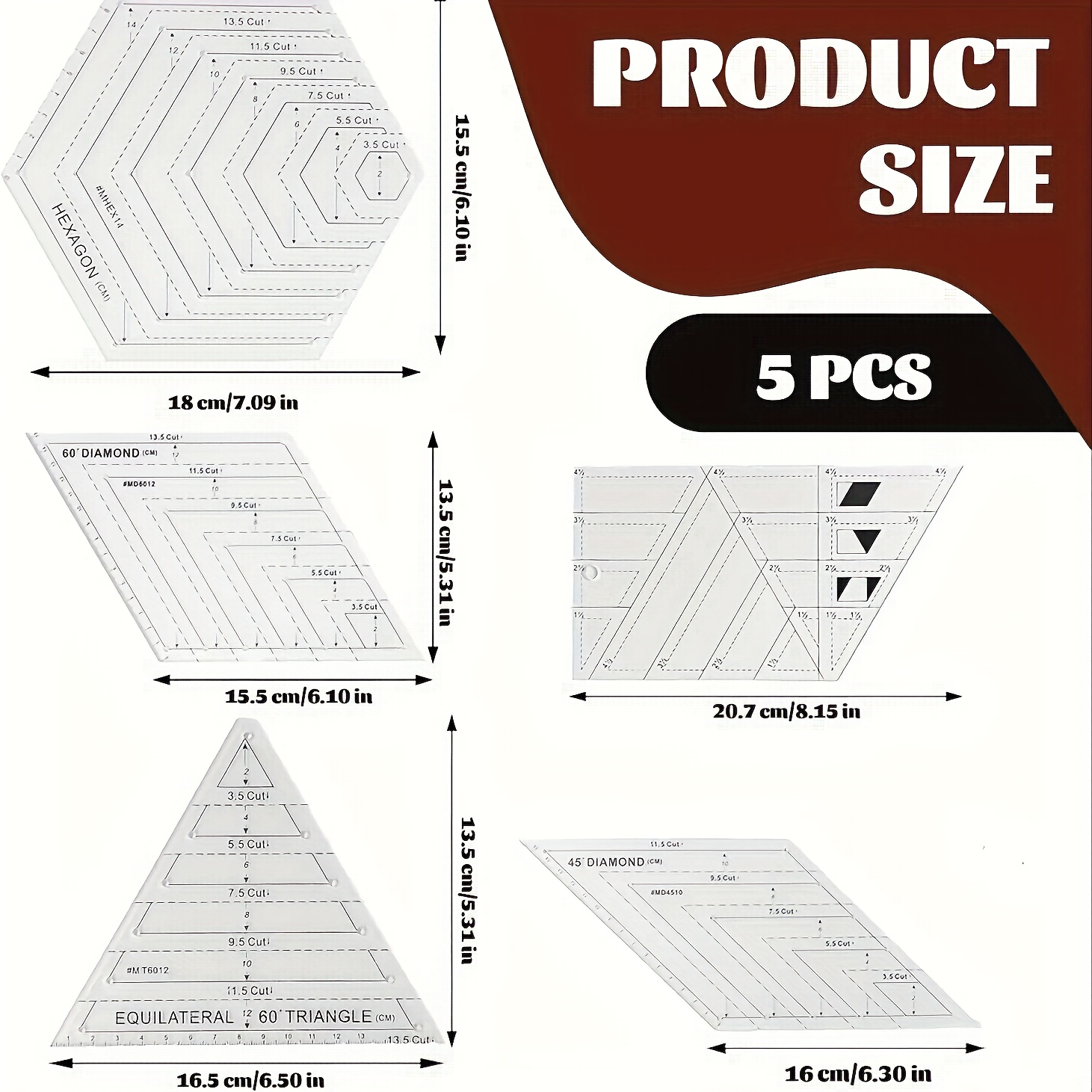 TEMU Transparent Creative Grid Quilting Template Set 5pcs, 45 And 60 Degree Diamond Long Arm Square Ruler, Movable Fabric Ruler Rack, Quilting Tools,