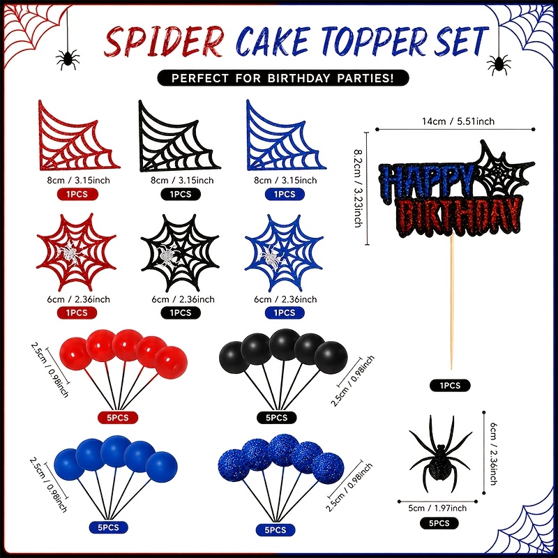 Image of 32pcs Web Birthday Ball Cake Decorations Black Red Blue Ball Cake Decorations Theme Birthday Party Halloween Cake Decorations, Halloween, Christmas