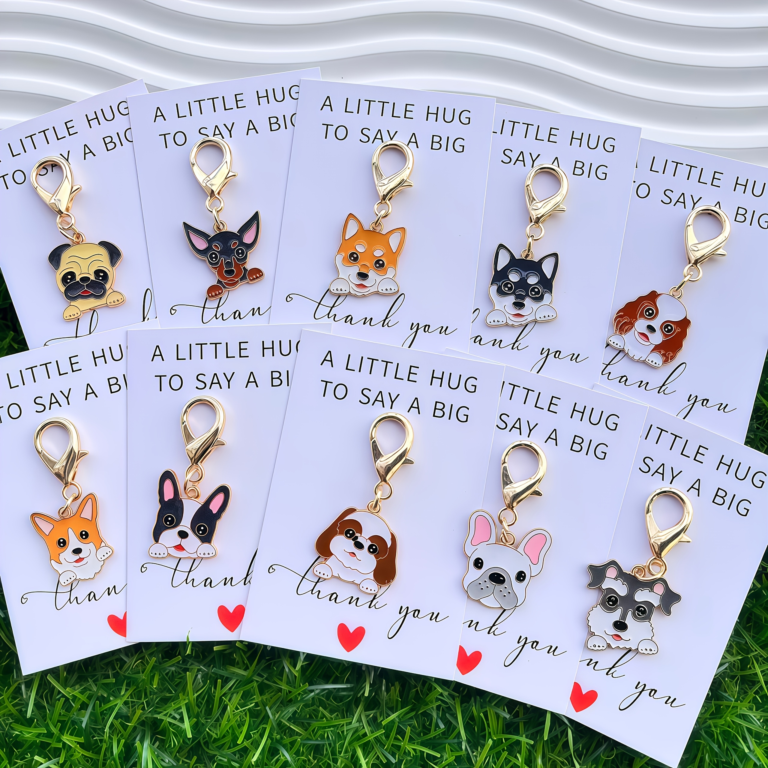 E-shop 10 Stück Cartoon-Hund-Thema Schlüsselanhänger Grußkarten-Set – Stilvolle Legierungs-Schlüsselanhänger mit beschreibbaren Dankeskarten,