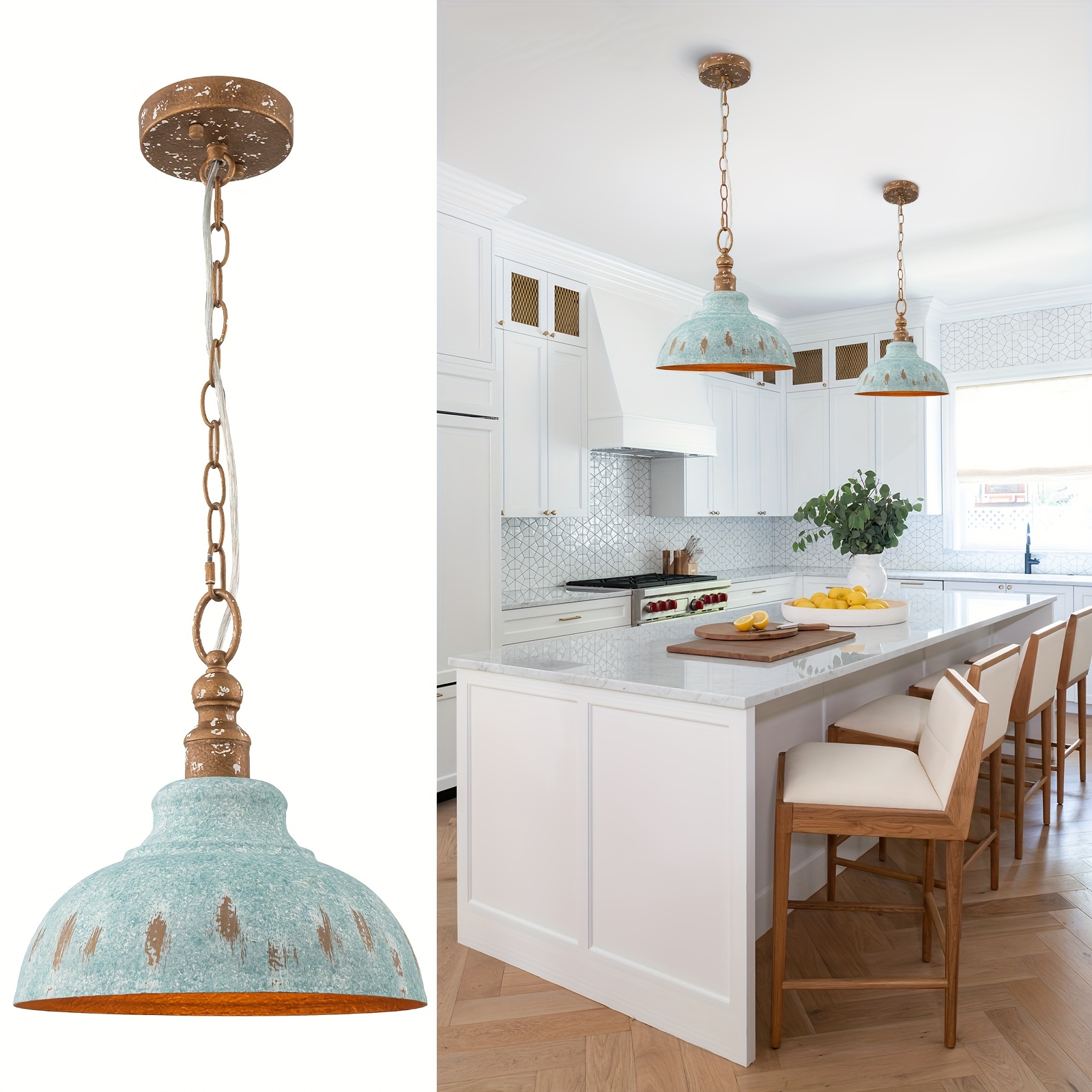 9.8 Inch Green Dome Pendant Lights – 3-Pack Modern Farmhouse Kitchen Island Lighting, Vintage Industrial With White Interior, E26 Base