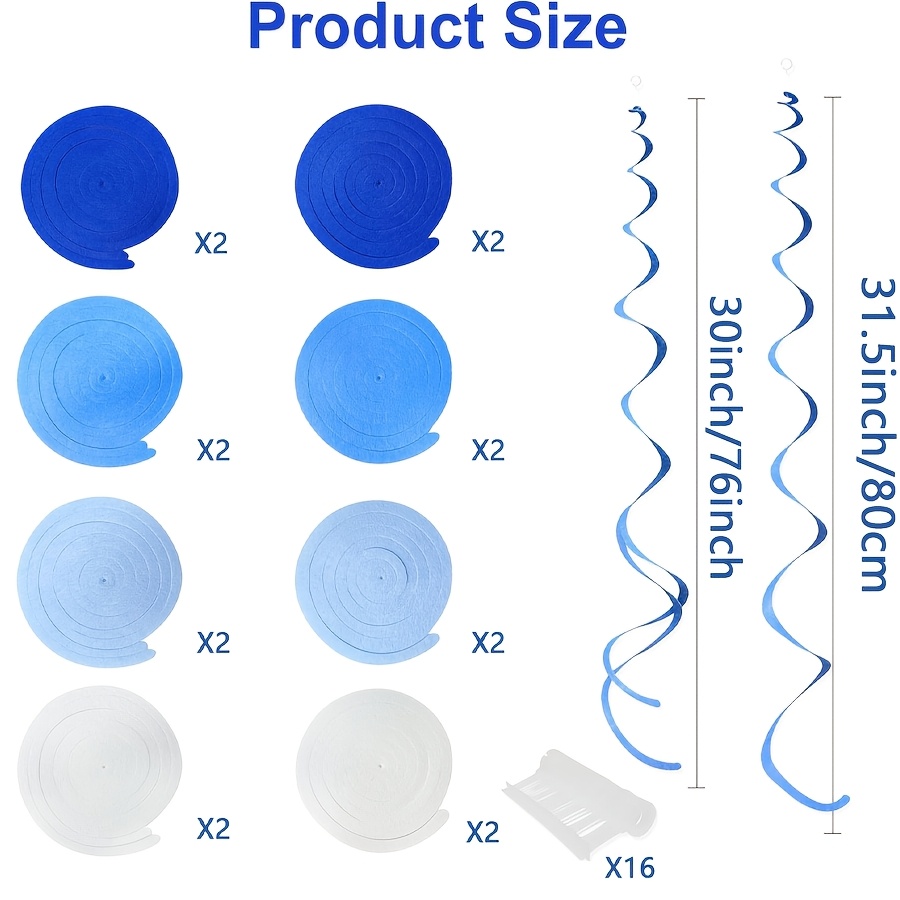 Image of 16pcs Gradient Royal Blue White Felt Swirl Tassels Blue Hanging Spiral Ceiling Garlands For Birthday Shower Wedding Graduation Nautical Party Supplies