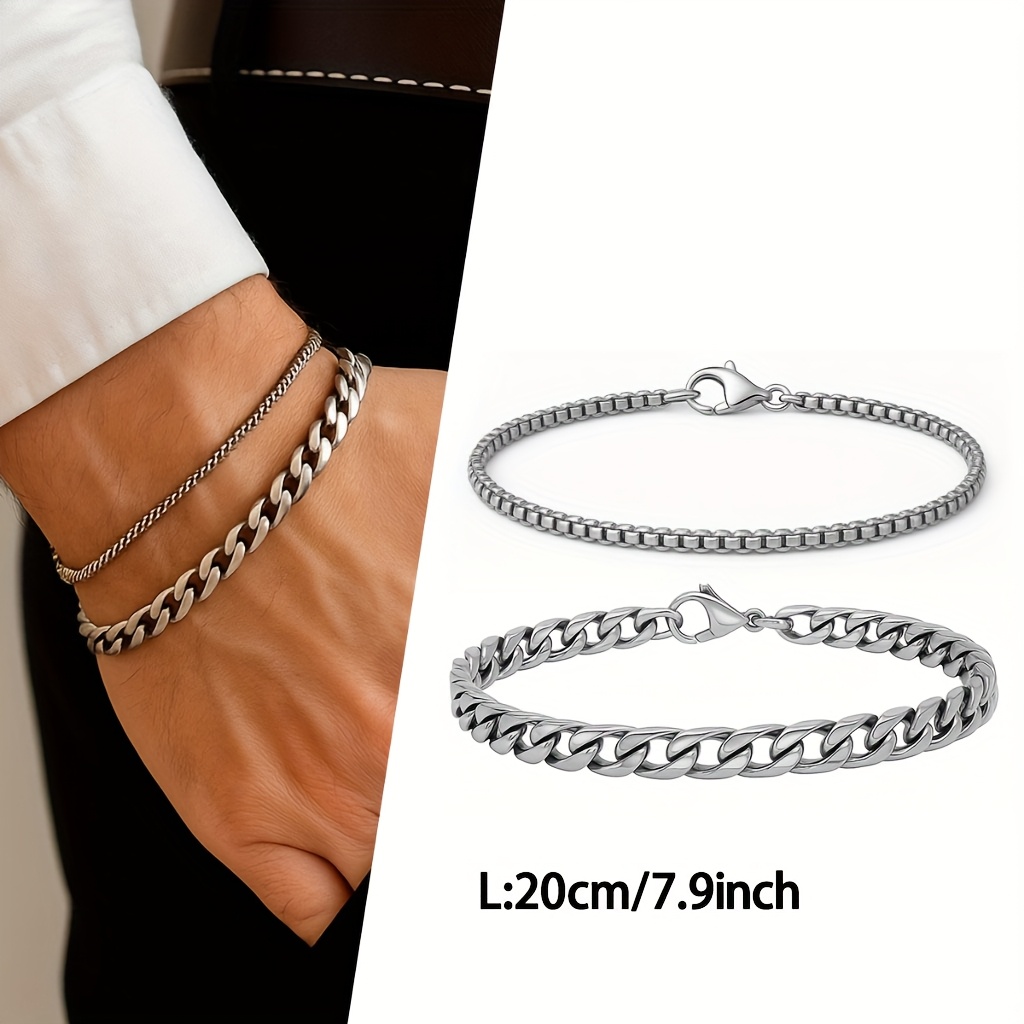 TEMU Conjunto de 2 pulseras de cadena de acero inoxidable minimalistas y elegantes para hombre - Regalo para de San Valentín, Mardi Gras y casual