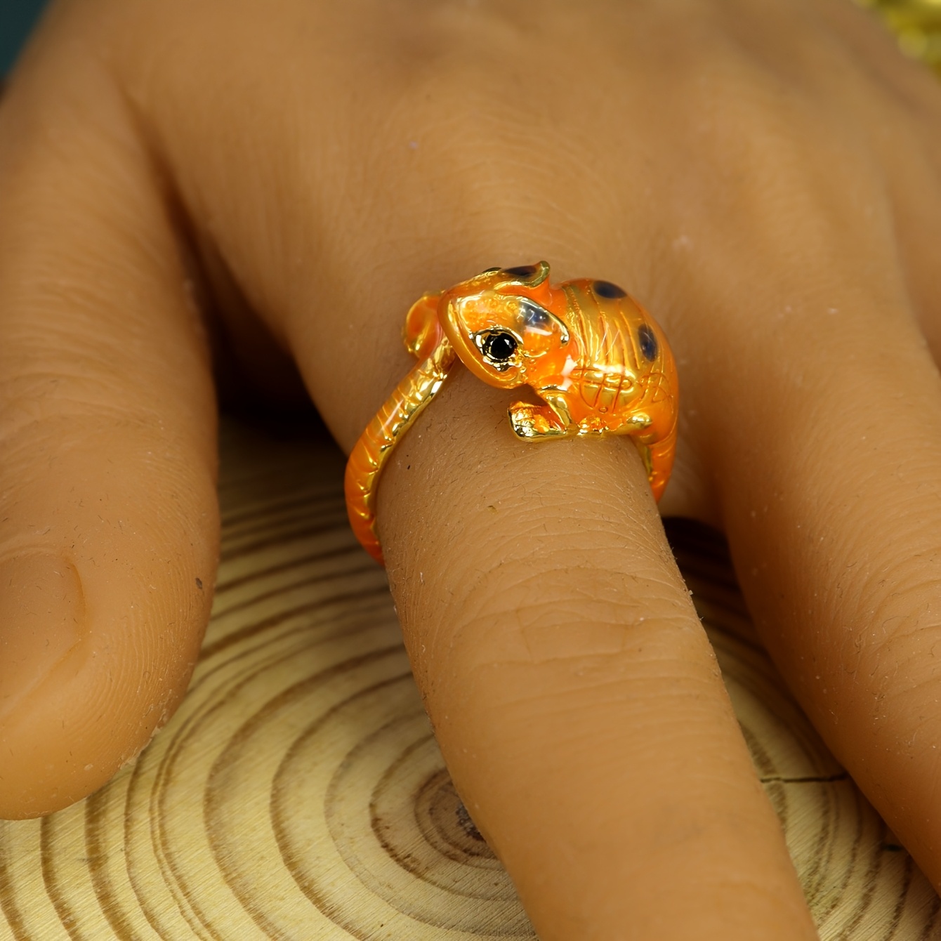 TEMU 1 Fashionable Color 3d Animal Retro Lizard | Cute Hip-hop Style Adjustable Size, 18k Gold Plated Copper With 5a Zirconia, Without Battery