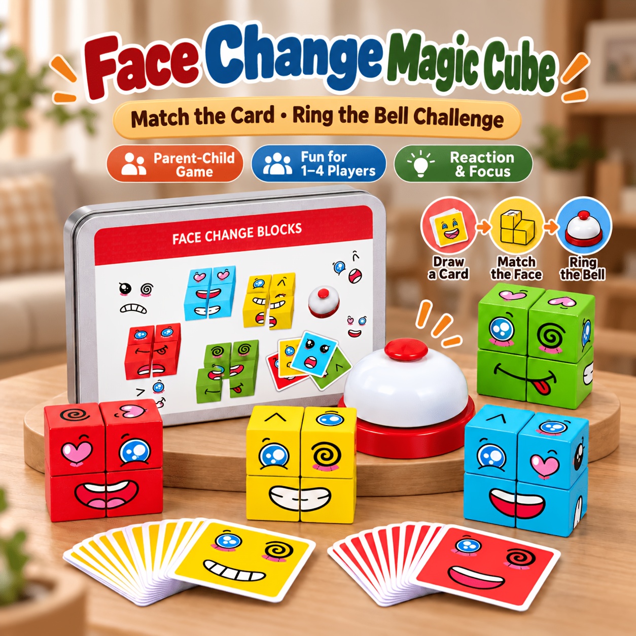 TEMU Face Change Blocks Wooden Game For Kids Ages 3+, 16 Wooden Face Cubes In , 64 Emotion Task Cards, Answer Bell, Tin Box Storage, 1- Family Board