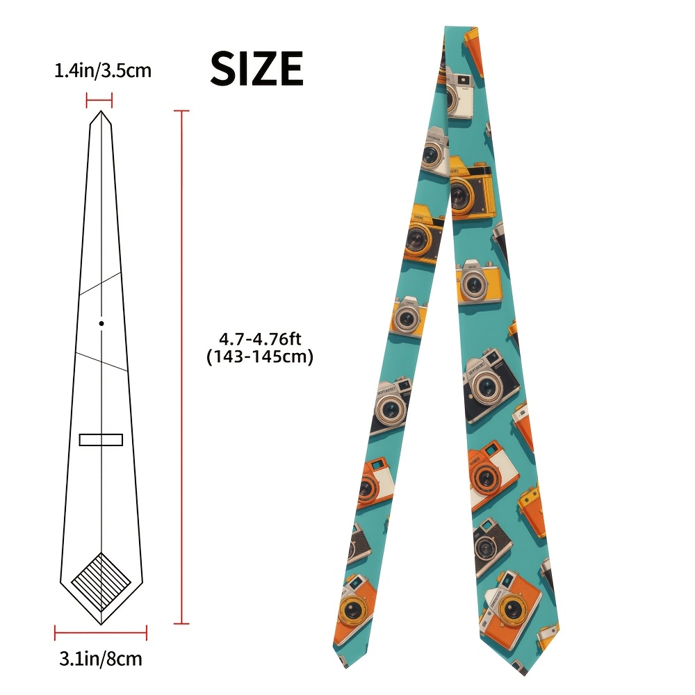 TEMU 1 de corbata vintage para hombre con estampado de cámara - Azul y naranja, 8 cm de ancho, poliéster duradero, lavable en máquina, para días