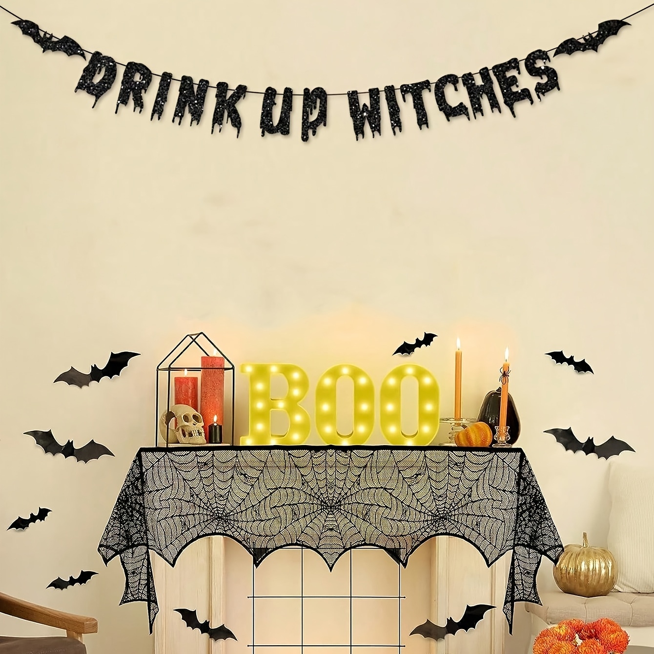 TEMU 1pc Black Glitter Drink Up Party Backdrop Banner, Halloween Party Decorations For Summer Halloween Party, Wall Hanging Supplies, Halloween