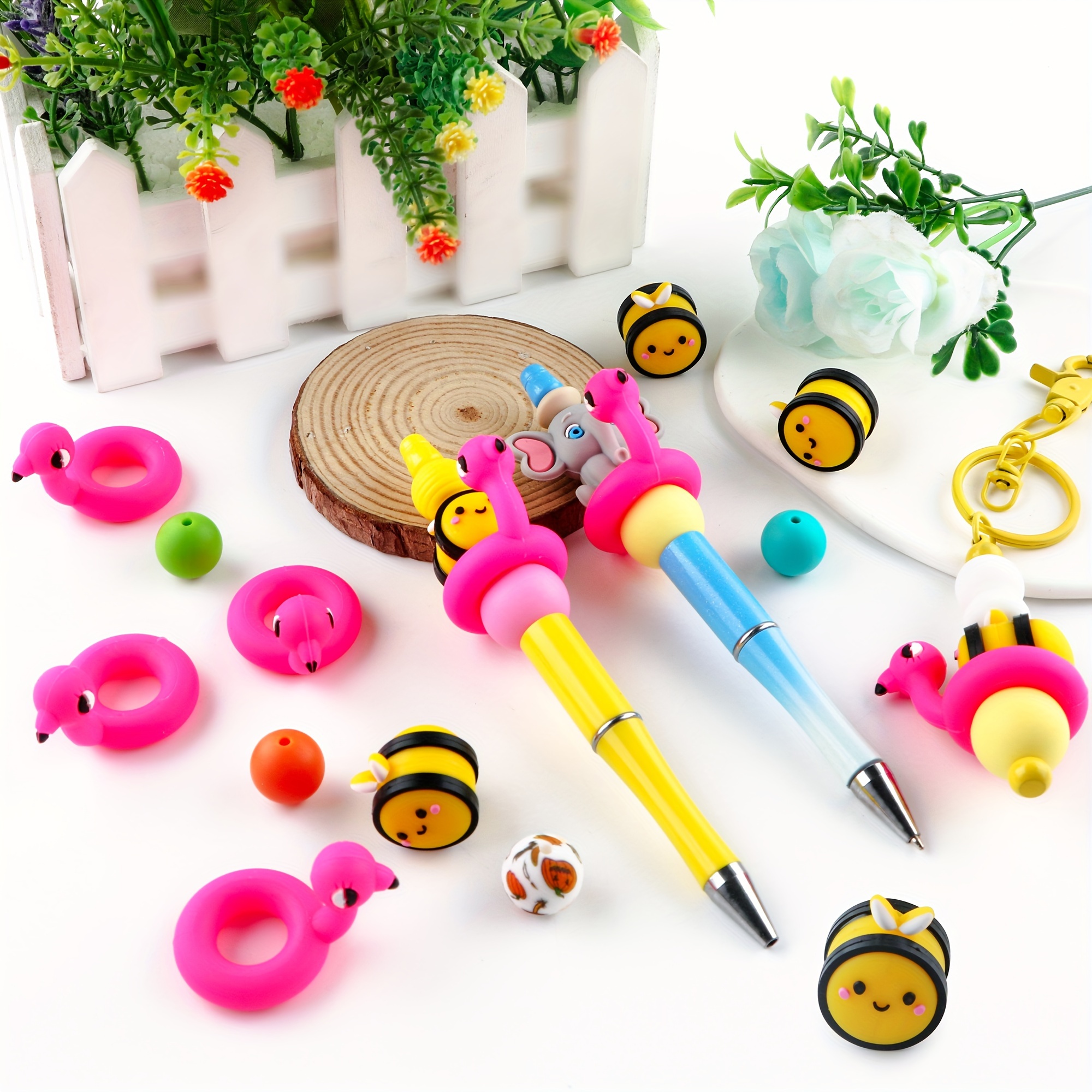 

6pcs/12pcs 3d Hot Pink Swimming Ring And Silicone Beads, Suitable For Diy Handicrafts, Bead Pens, Etc