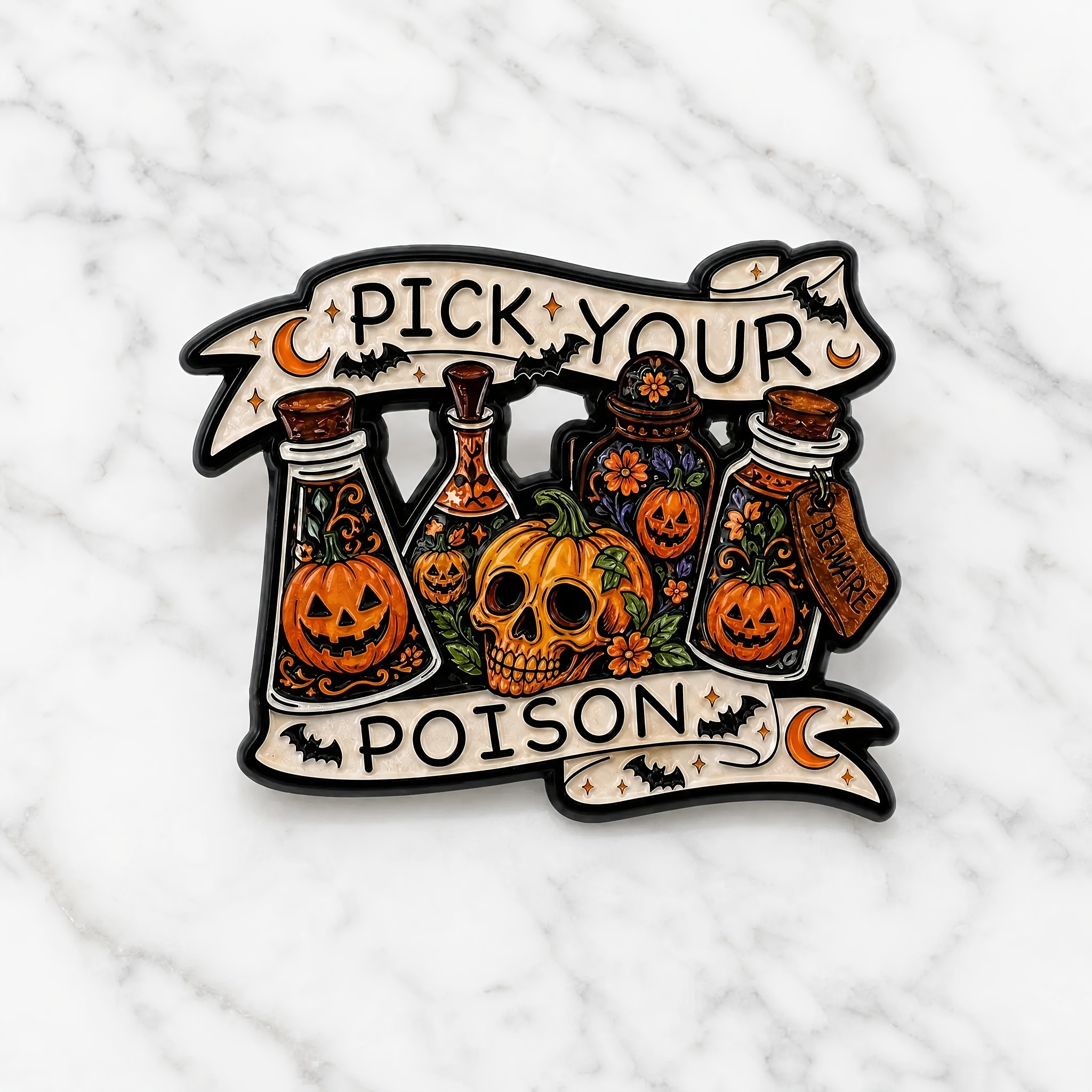 TEMU Badges 2D polyvalents d'Halloween style dessin avec croissants , chauves-souris, citrouilles, flacons de et têtes de , compatibles avec robes,