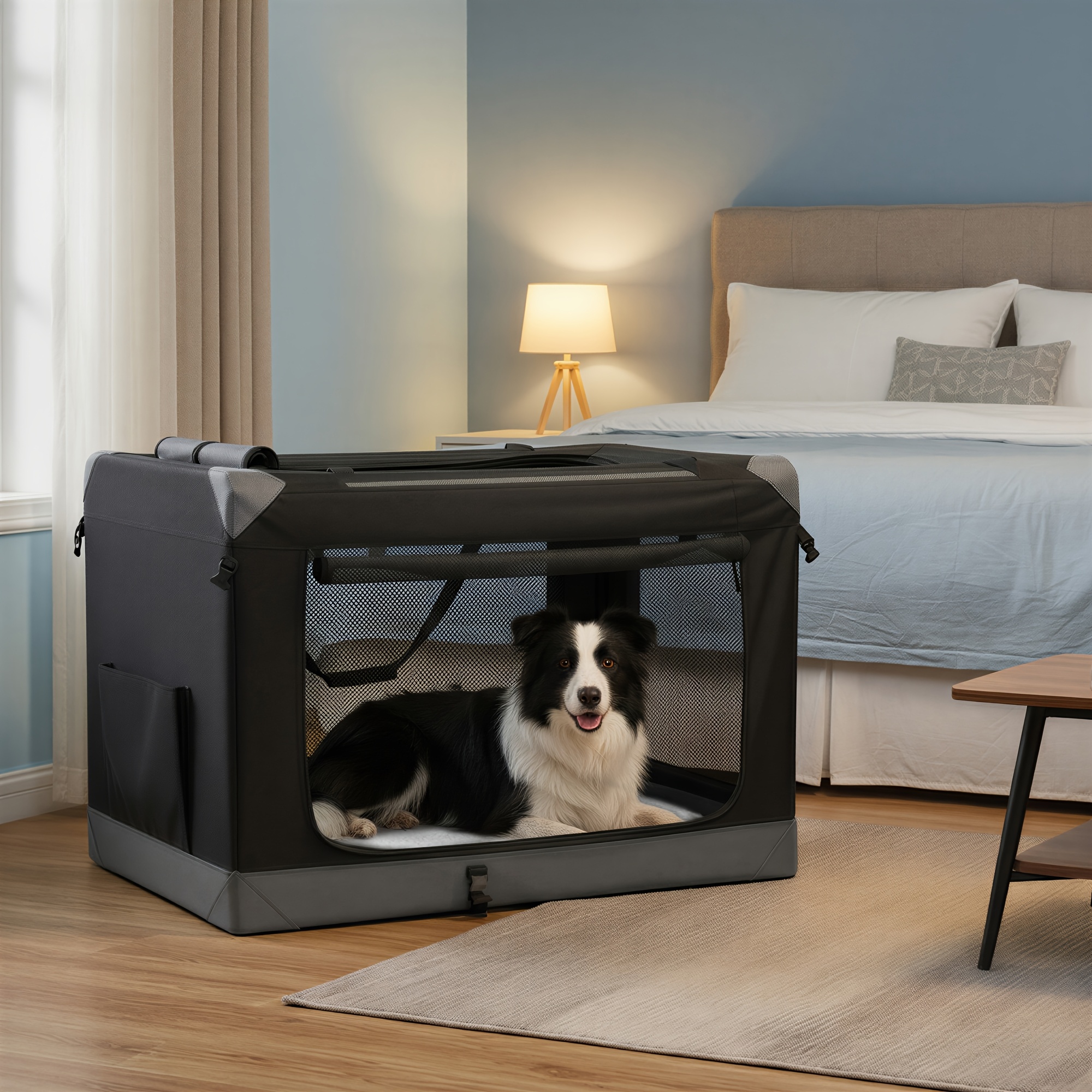 TEMU Foldable Dog Box, Transport Box, Dog Bag, Oxford Fabric, With 4 Mesh Doors, Handles, Pocket, 60cm/ 76.2cm/ 91.4cm, For Large Dogs, Ink Black-