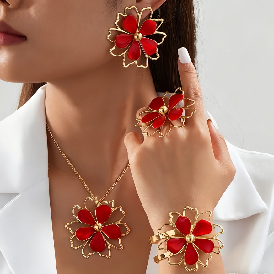 TEMU 5pcs Women's Fashion Jewelry Set Elegant Sense Hollow Five-piece Flower White Bracelet Ring Earrings Necklace Set Suitable For Daily And Banquet