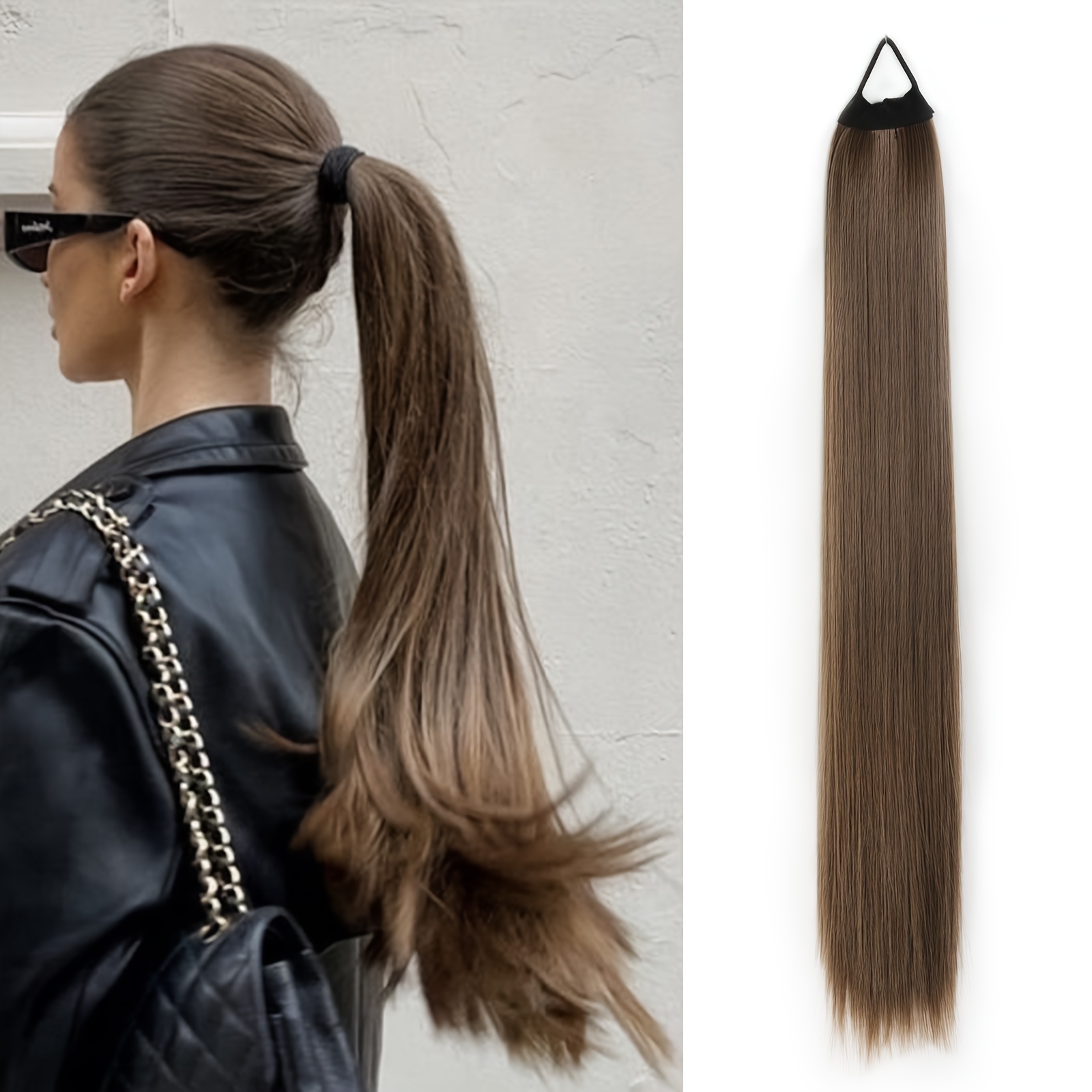 ponytail extensions featuring a flexible elastic band suitable for women measuring 28 inches in length with straight soft and natural looking synthetic ponytails   in mixed shades of blonde   and silvery details 2
