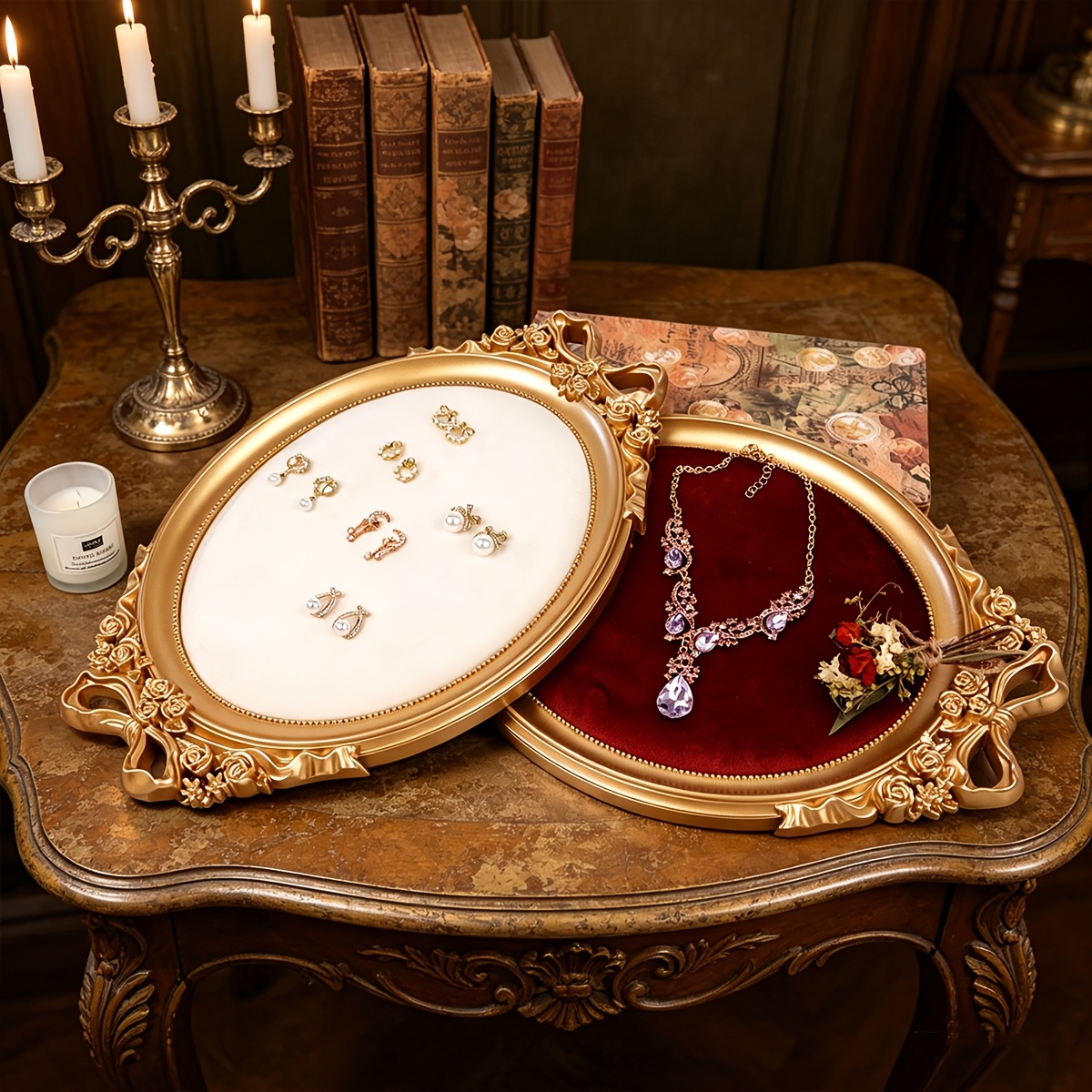Retro Golden Frame Oval Jewellery Tray with Bow, Velvet Lining