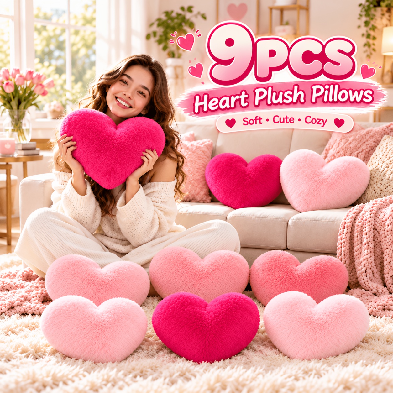 9-pack -shaped Throw Pillows, 12 X 11 Inch Soft Plush Cushions In 3 Assorted Pink Shades, Decorative Pillows For Bed, Couch, Bedroom, Valentine's Day Gifts & Birthday Decor