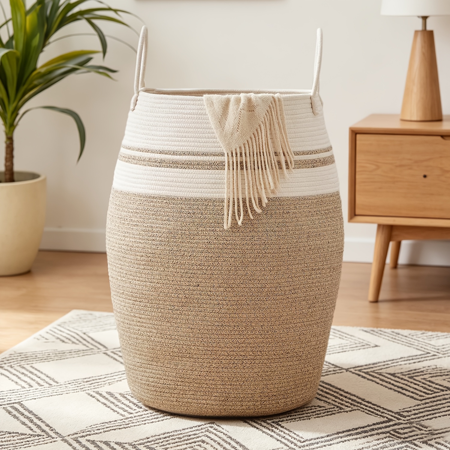 TEMU Panier à linge pliable grand format SHENGHUO - Panier à linge haut en corde tressée avec poignées allongées, corde adaptée pour le rangement des