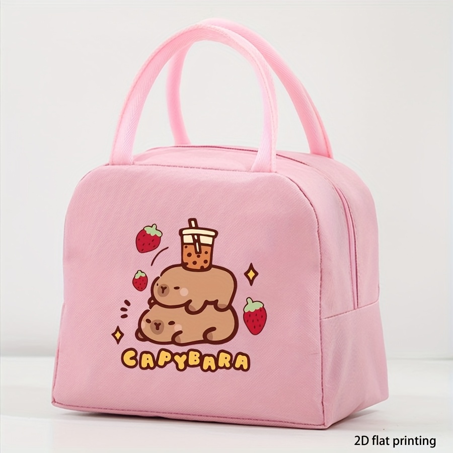 TEMU Strawberry Watermelon Milk Tea Animal Pattern Printed Handbag, Large Capacity Handheld Bag, Suitable For Office Workers And Travel, Non-food