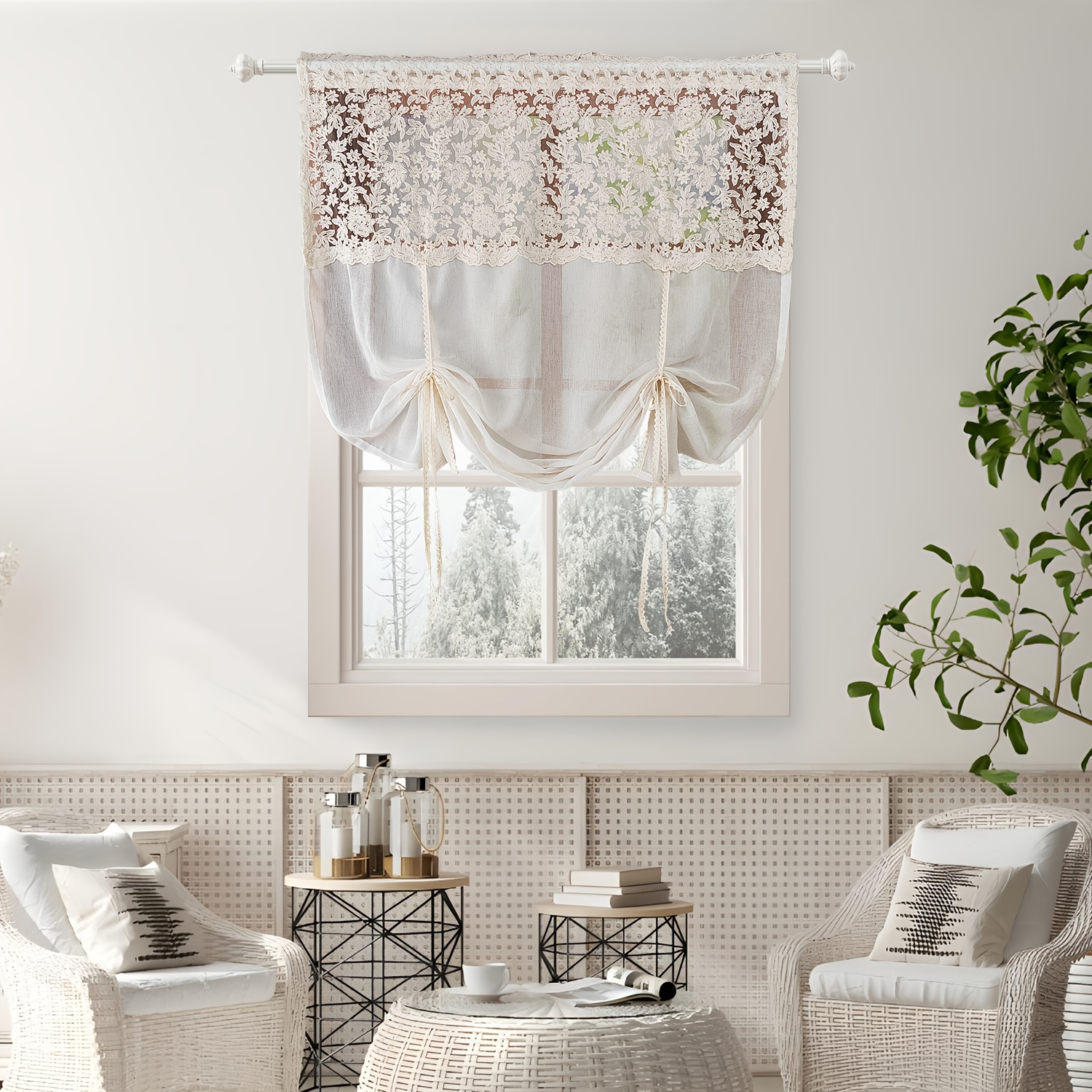 Image of 1 Panel Luxury Embroidery Balloon Curtains, Imitation Linen Material Stitching Design Farmhouse Curtains For Kitchen Window Decoration, Adjustable Height, French Pastoral Decorative Window Screen