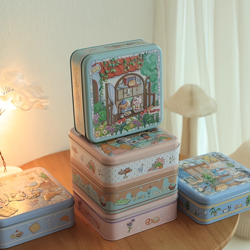 Charming Cartoon Bear Metal Cookie Tin Box - Reusable, Flip-Top Design with Floral & Butterfly Patterns, Perfect for Cookies, Mooncakes, and Jewelry Storage, Cookie Storage | Playful Design | Decorative Lid, Cookie Tin