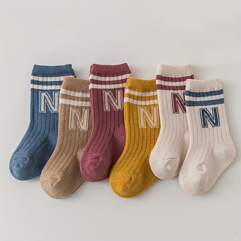 

4 Pairs Of Kid's Cotton Blend Fashion Letter Pattern Crew Socks, Comfy & Breathable Soft & Elastic Thin Socks For Spring And Summer