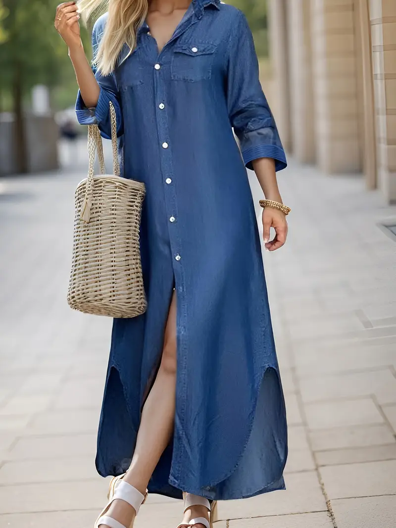 * Women's Neck Long Sleeve Button Pocket Casual Long Shirt Dress * Women's Neck Long Sleeve Button Pocket Casual Long Shirt Dress
