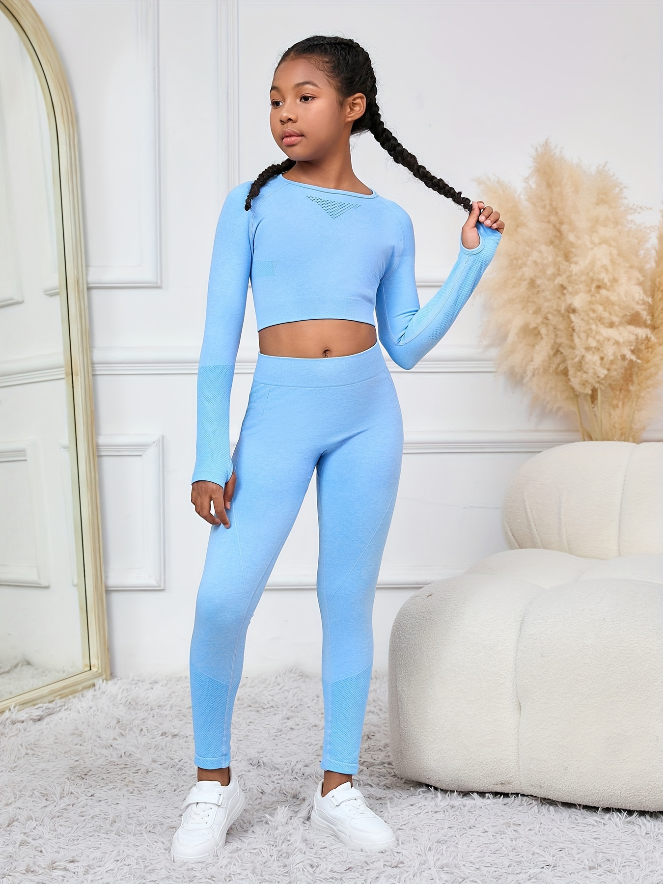 Girls Crop Top And Leggings Set Activewear Long Sleeve Crop Tee