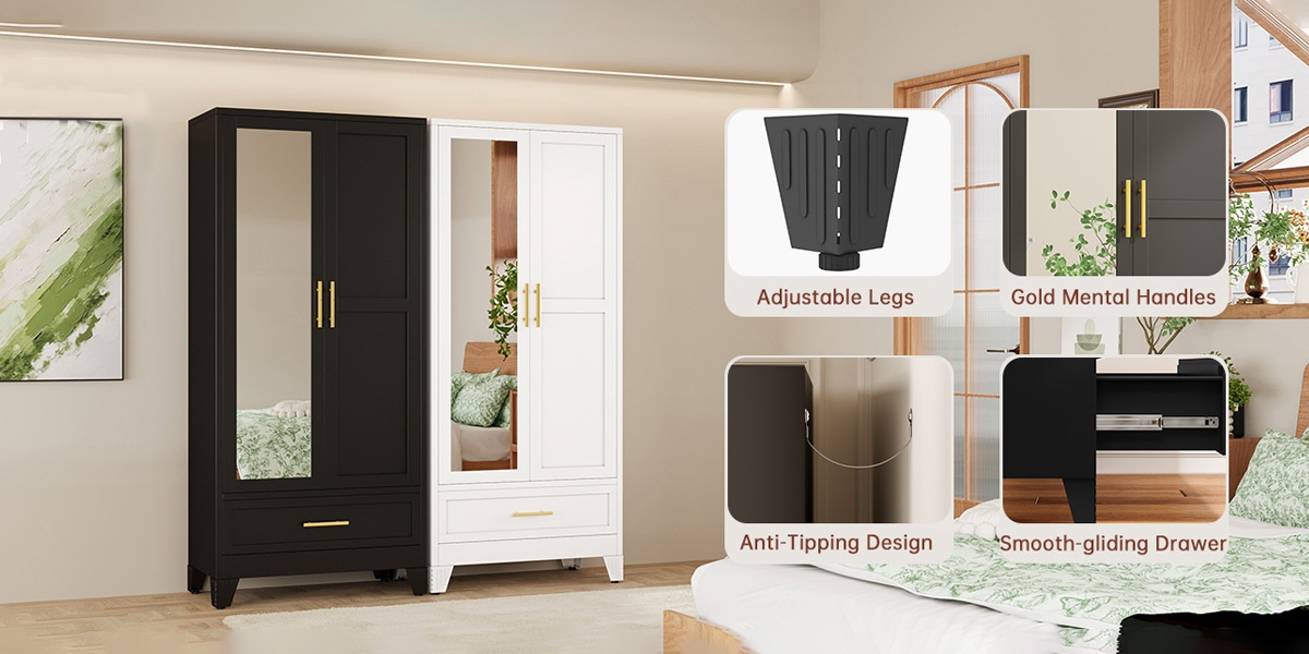 Bedroom with Mirror Wardrobe, 71 Inch High Wardrobe with Drawers, Clothing Storage Cabinet with Adjustable Shelves And Hangers