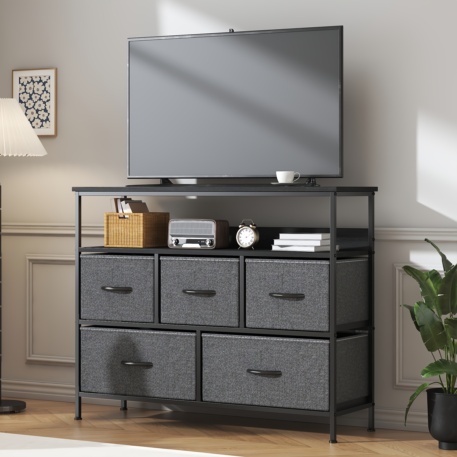 Image of Winkalon 5-drawer Chest With Tv Stand, 5 Fabric Drawers, Sturdy And Scratch-resistant Mdf Top - Versatile Storage Cabinet For Bedroom, Living Room And Hallway, Storage Drawer Units