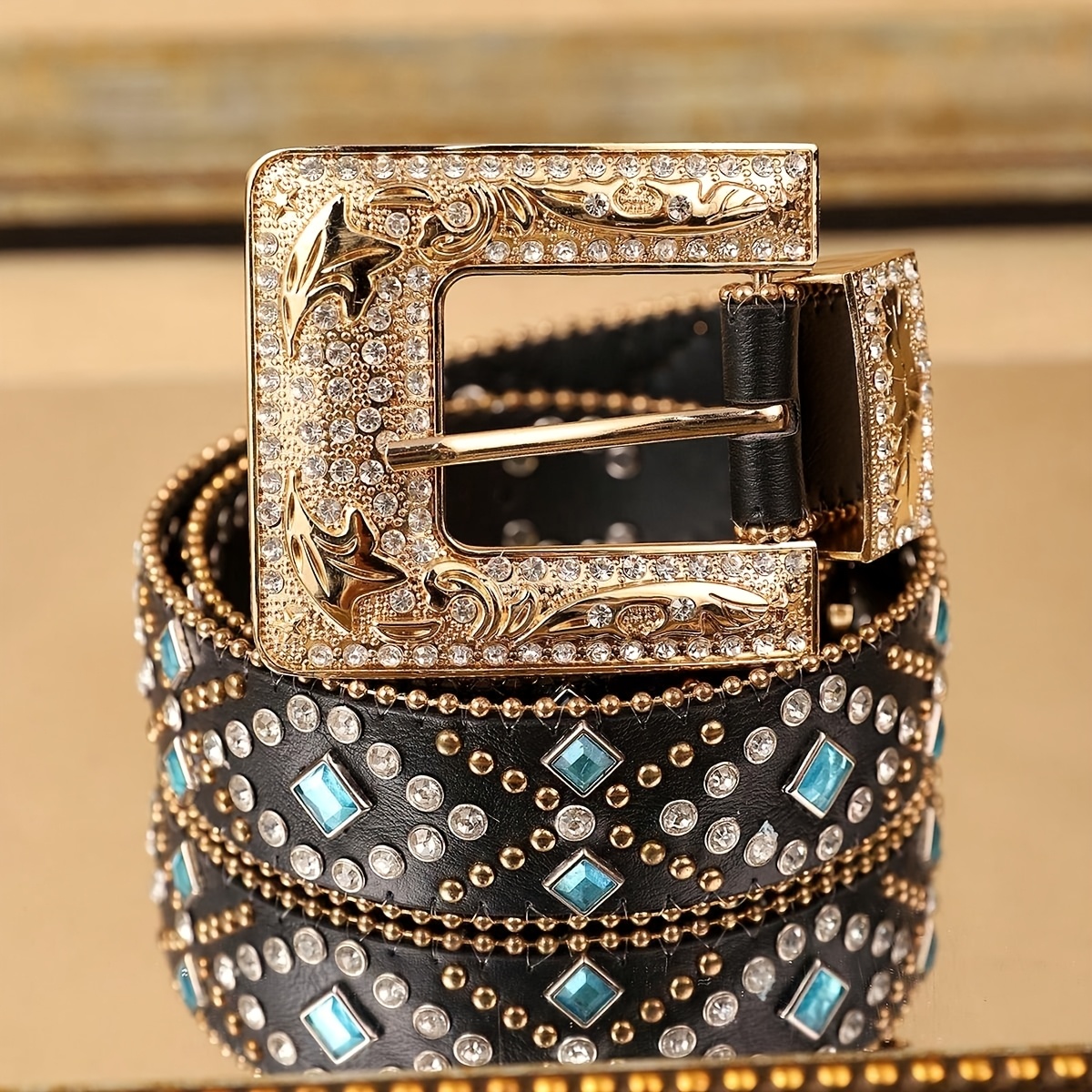 1pc vintage boho style black pu leather belt rivet detail  display picture 1