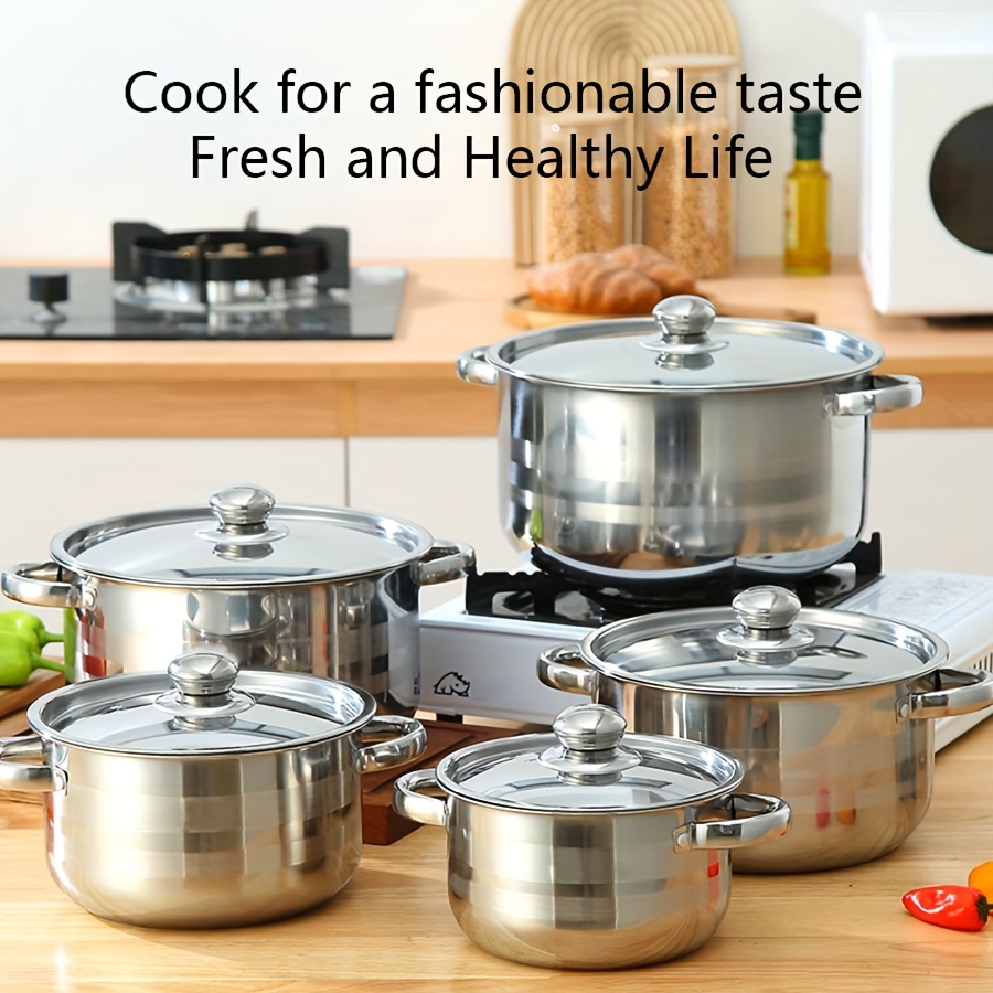 

Stainless Steel Cookware Set 10-piece, Induction Compatible Kitchen Pots With Lids, 5 Saucepans & 5 Covers, Multipurpose Soup Pot, Healthy Cooking For Soup, Pasta, Seafood, Home & Restaurant Use