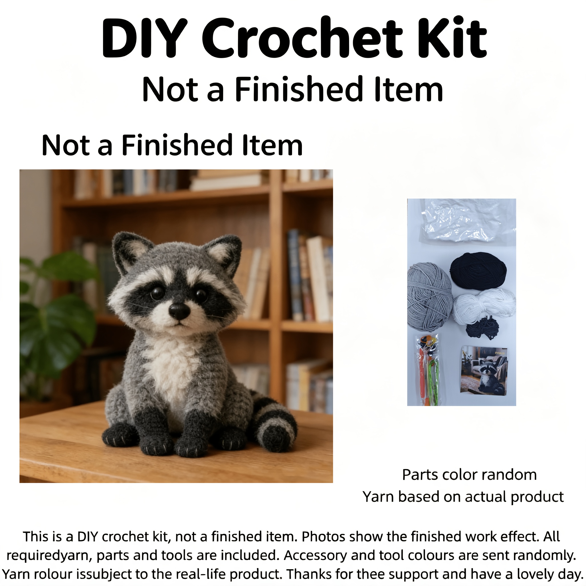 TEMU Kit Amigurumi Crochet 1 Pièce Raton Laveur Gris Réaliste - Kit Crochet Animal DIY Fait Main pour Adultes et Débutants - Crochet Fait Main pour