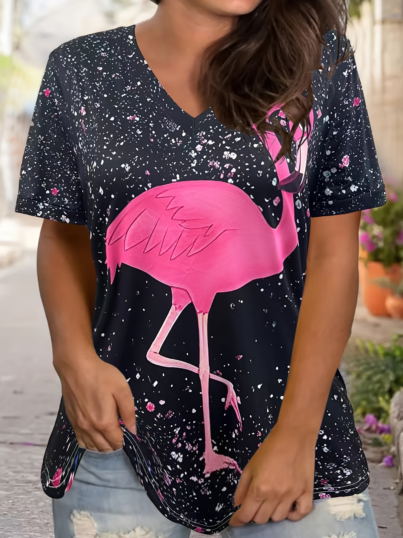 Plus Size Flamingo Print T-Shirt, Casual Short Sleeve Top For Spring &  Summer, Women's Plus Size Clothing