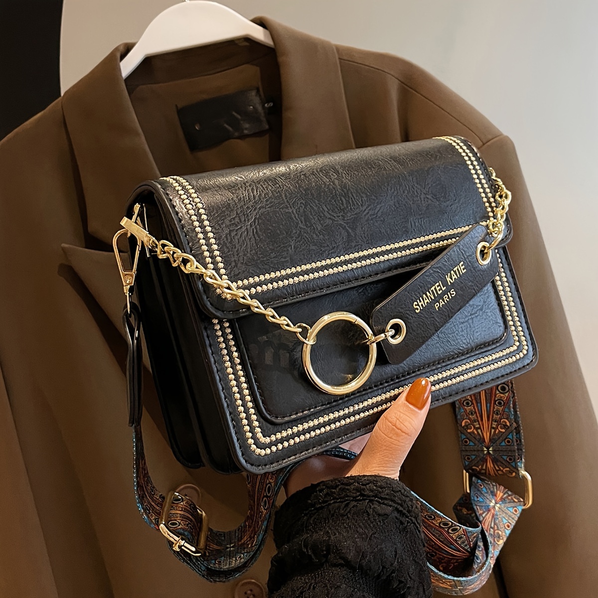 trendy textured square shoulder flap bag classic vintage - Temu