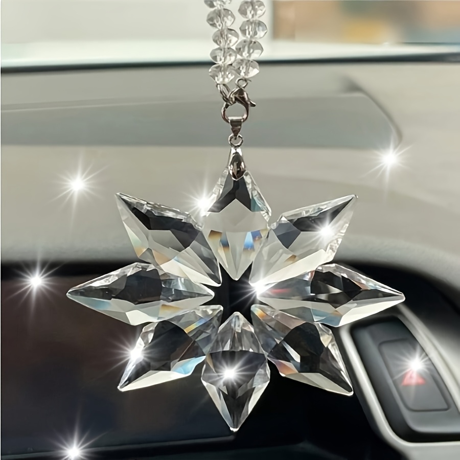 TEMU 1pc Crystal Snowflake Sun Catcher Car Ornament - Reflective Prism Pendant, No Electricity Required, Car Rearview Mirror Pendant, Perfect For