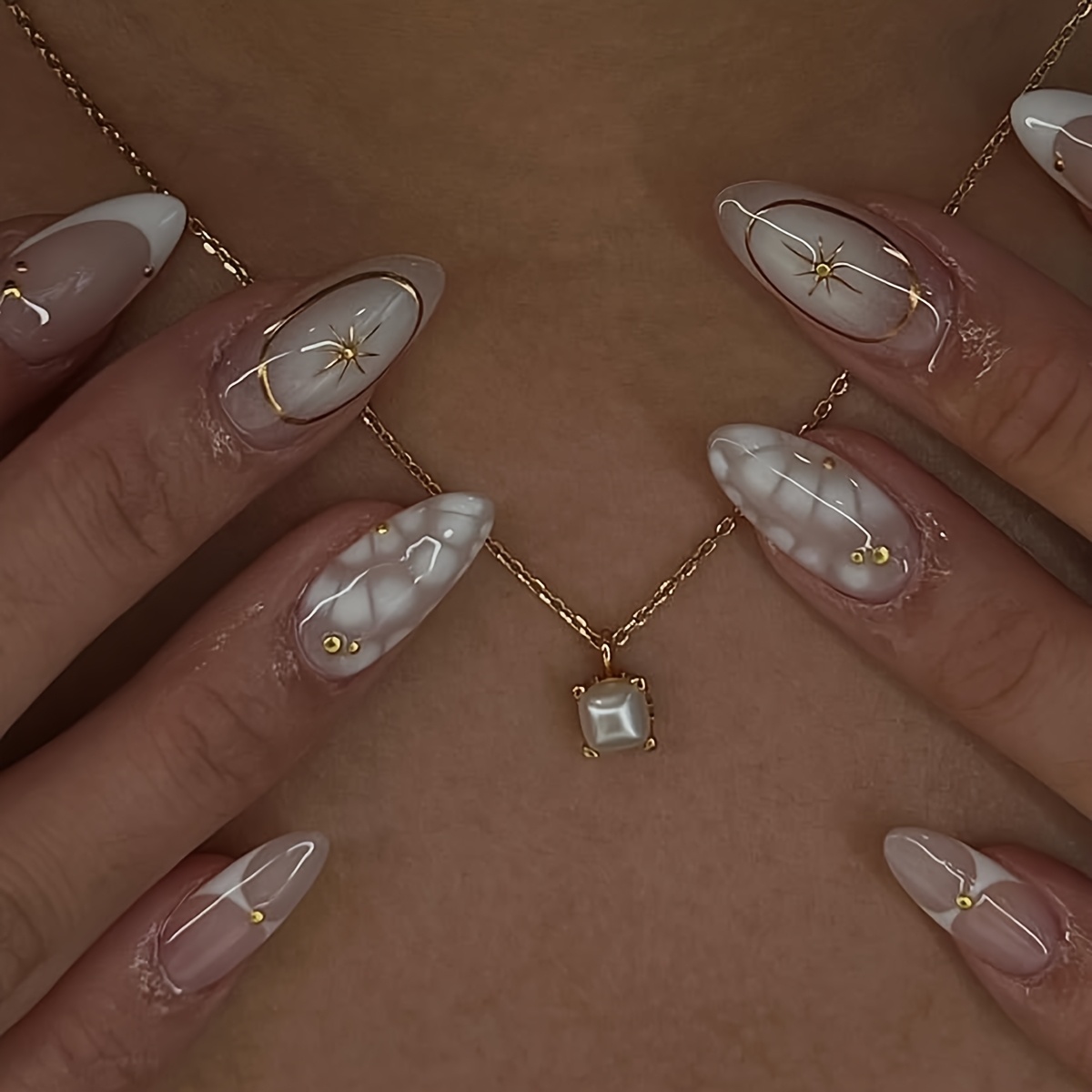 24pcs Classic Almond Nail Fashion Temperament Marble Pattern White -on Nails Removable False Nails Finished Product