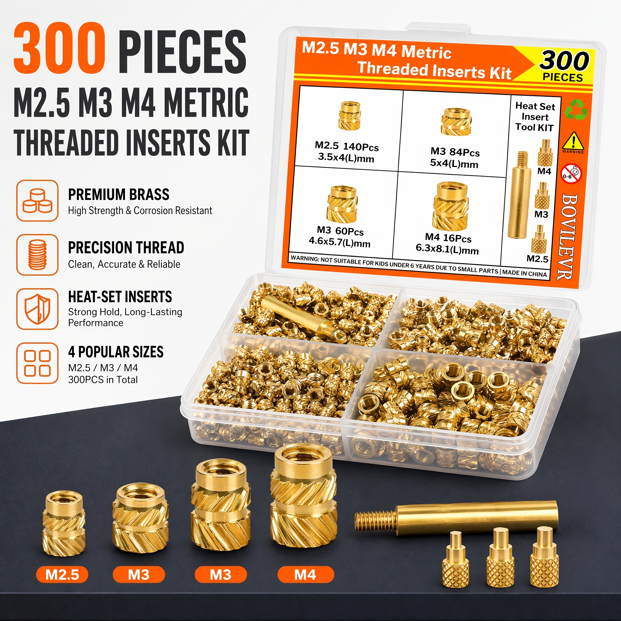 TEMU 300pcs M2.5/m3/m4 Brass Knurled Heat-set Insert Nut Set With Soldering Tip, Pre-tapped Threaded Nuts, Suitable For 3d Printed